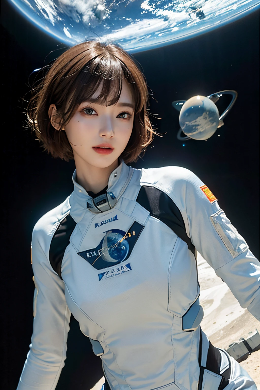 top-quality、​masterpiece、超A high resolution、(realisitic:1.4)、Beautuful Women１、Beautiful detail eyes and skin、ssmile、Light brown short-cut hair、The perfect spacesuit、spaceships、cosmic space、Water Planet、