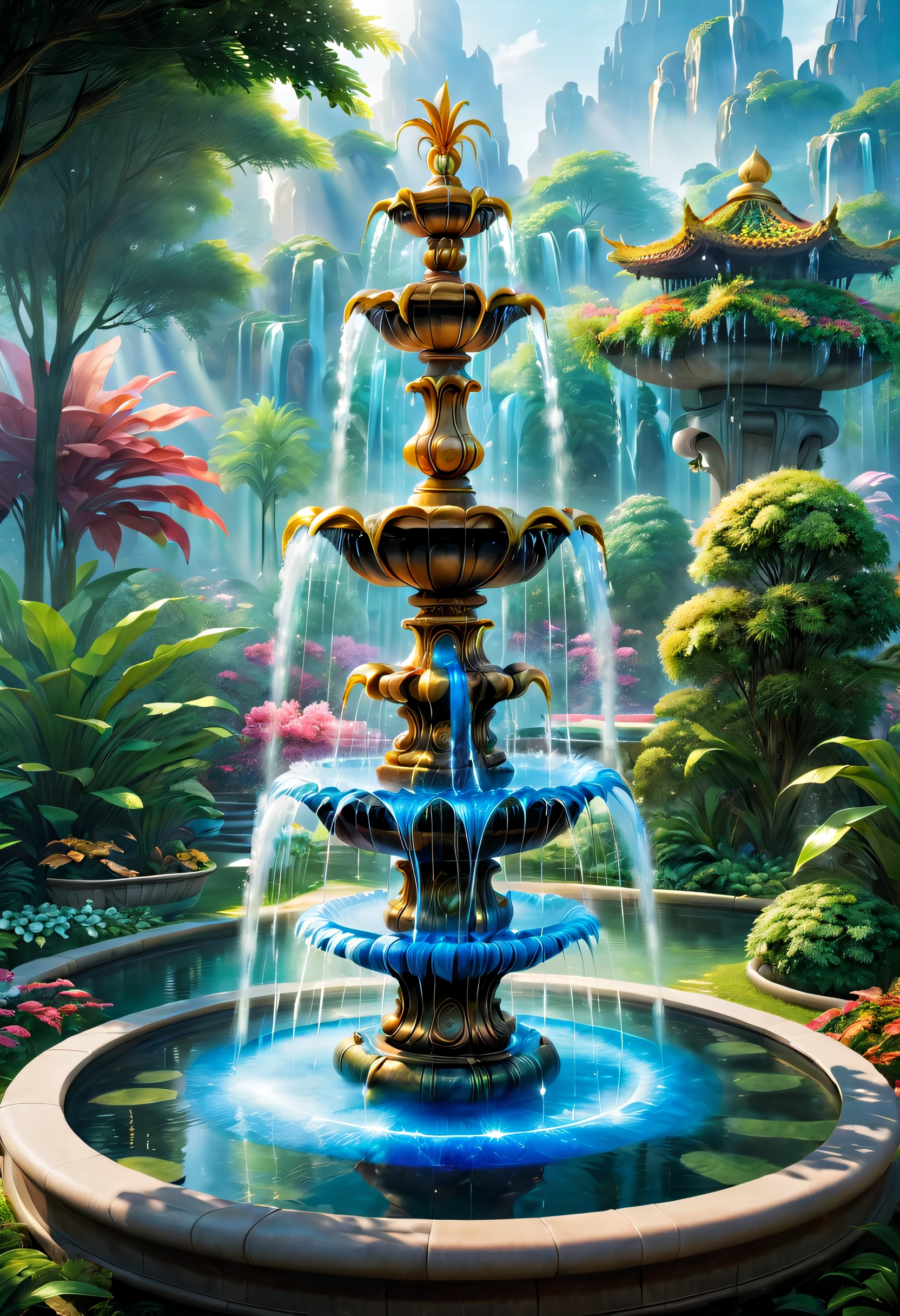 Above all,Fountains should be designed to be made of clear crystal,Looks noble and gorgeous。Colored minerals can be added inside the crystal,Makes the crystal show different colors and levels,Enhance visual effects。 secondly,The gush of spring water should express vitality and vitality,The water column can be designed into a huge and full shape,Erupting from the center of the crystal,Forming a spectacular scene of water jets gushing out。 ao mesmo tempo,The environment around the fountain also needs to be considered。You can design a garden or park around the crystal fountain,Let the fountain complement the surrounding plants and natural environment。The fountain can be placed in a small lake or pond,Enhance the freshness and dynamics of the entire scene。 Enfim,Can utilize lighting and projection technology,Enhance the visual effect of the entire scene。Can set up lights around the fountain,Illuminate the crystal fountain with different colors and brightness,Produce strange light and shadow effects。Can project different patterns on surrounding trees or plants,Enhance the worldview of the entire scene。 through these designs,Can show the nobility and magnificence of crystal fountain,At the same time, it is full of natural vitality and vitality.,Make the entire scene full of visual impact and worldview。