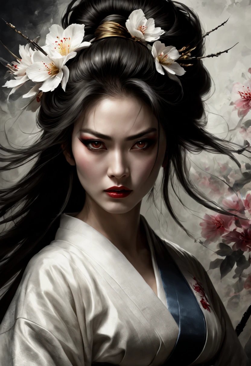 mj, RTX, 4k, HDR, Anna Razumovskaya, Casey Baugh, Antonio Mora, Aminola Rezai, Giovanni Boldini, art, beautiful samurai geisha, traditional white-painted face, dark eyes, fighting pose, long dark hair, shiny clear skin, very open kimono flowing from the shoulders, very sensual, alluring facial expression, cellular shadow, dynamic lighting, portrait, unreal engine, global illumination, detailed and complex environment, complex painting, HD, volumetric morning sunlight, backlighting, perfect eyes, flowers