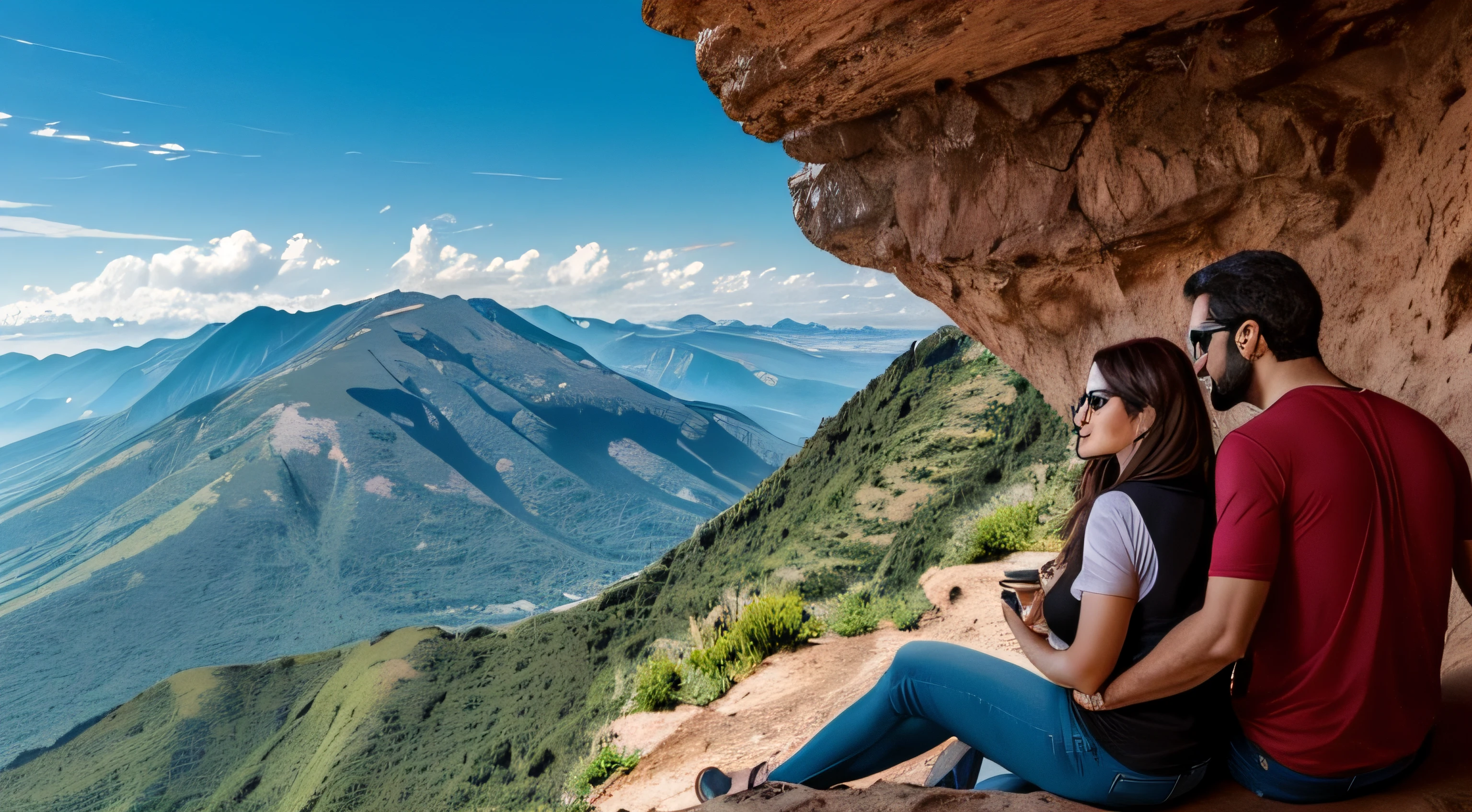 imagem de um casal, duas pessoas na imagem homem e mulher, sentados numa montanha, no horizonte mais montanhas, ao lado do homem uma garrafa de vinho e um copo