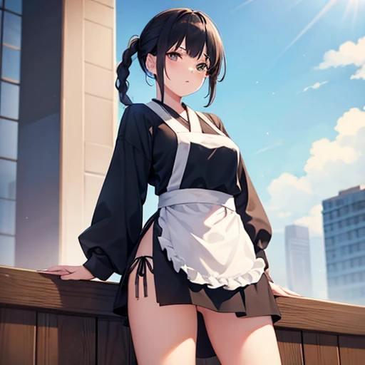 1girl in,Legs,Bill Girl,(((building))),  Braided bangs,braided ponytails,(Solo:1.2),Apron,thick thighs,side tie panties, Balck Hair, ,Looking at Viewer, Sunlight,Hanfu,