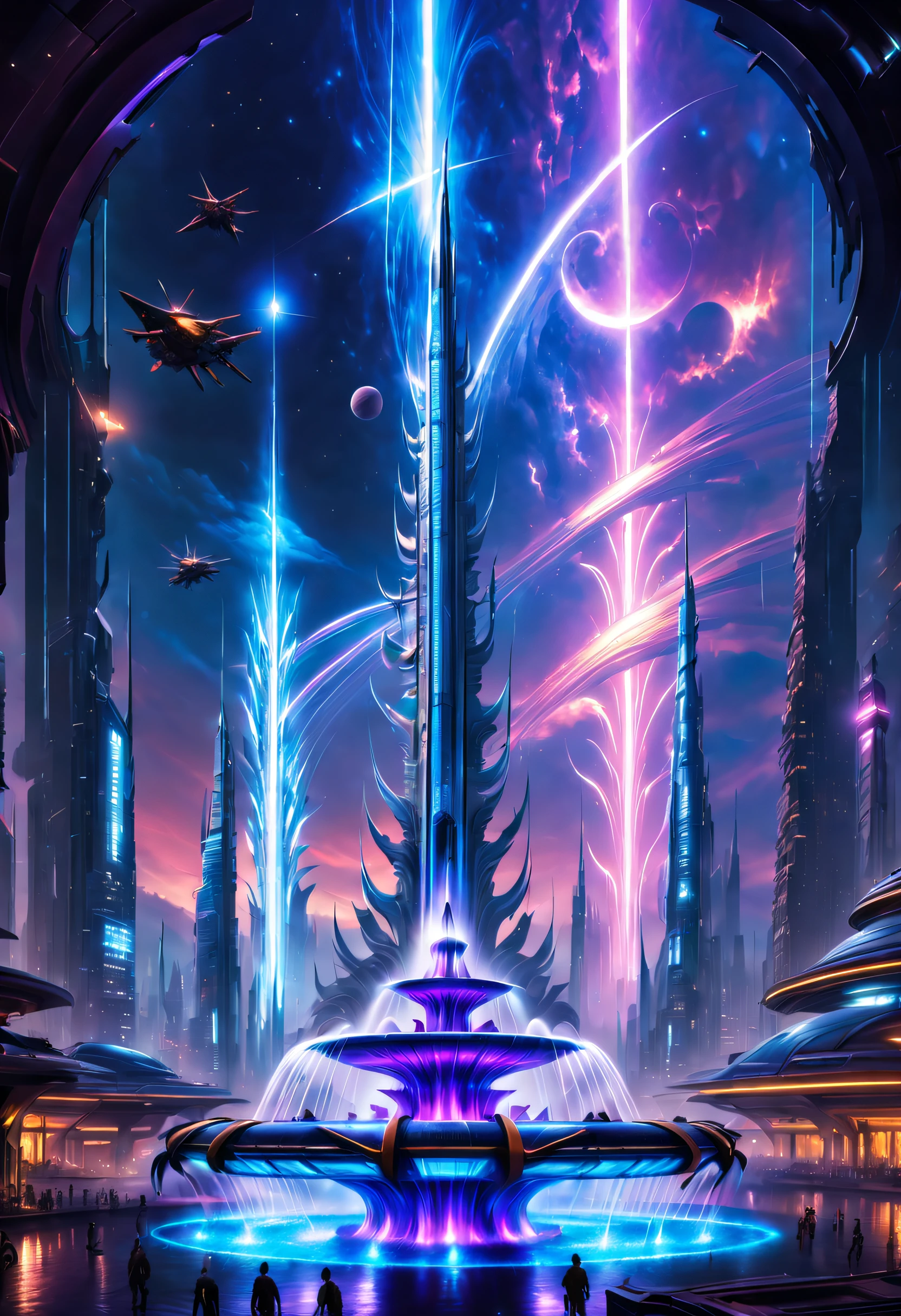 In this painting，We can see a spectacular futuristic sci-fi fountain。The fountain itself is not made of conventional materials，Instead, it is made of a super alloy unique to Cybertron that shines silvery white.。This alloy flows like liquid metal，and emit a slight blue light，Make the entire fountain look mysterious and high-tech。

The shape of the fountain water column is also very futuristic.，It is not a traditional water column，Instead, it consists of a virtual energy field，Presenting a smooth and three-dimensional shape。The energy field is mainly blue and purple in color，It seems to be condensed from nebulae in the universe，It gives a mysterious and dreamy feeling。

Surrounding the fountain is the unique technological and civilized landscape of Cybertron.。Towering skyscrapers and aircraft fly across the skyline，The busy city scene can be seen through the glass curtain wall。Blue neon lights illuminate the city，Matching the light of the fountain，Create a dazzling future city。

in distance，The magnificent space port can be seen，The huge spaceship is lifting，Providing convenience for interstellar travelers。Starry sky，Twinkling with countless stars and distant galaxies，Spaceships travel through the universe，It adds an infinite sense of future and world view to the entire picture.。

The whole picture is full of elements of future technology and spectacular scenes，Cybertron’s technological civilization is combined with beautiful fountains，Create an unprecedented visual impact and sense of the world。This painting shows the perfect integration of future technology and art，It makes people feel like they are in the future world of another planet。