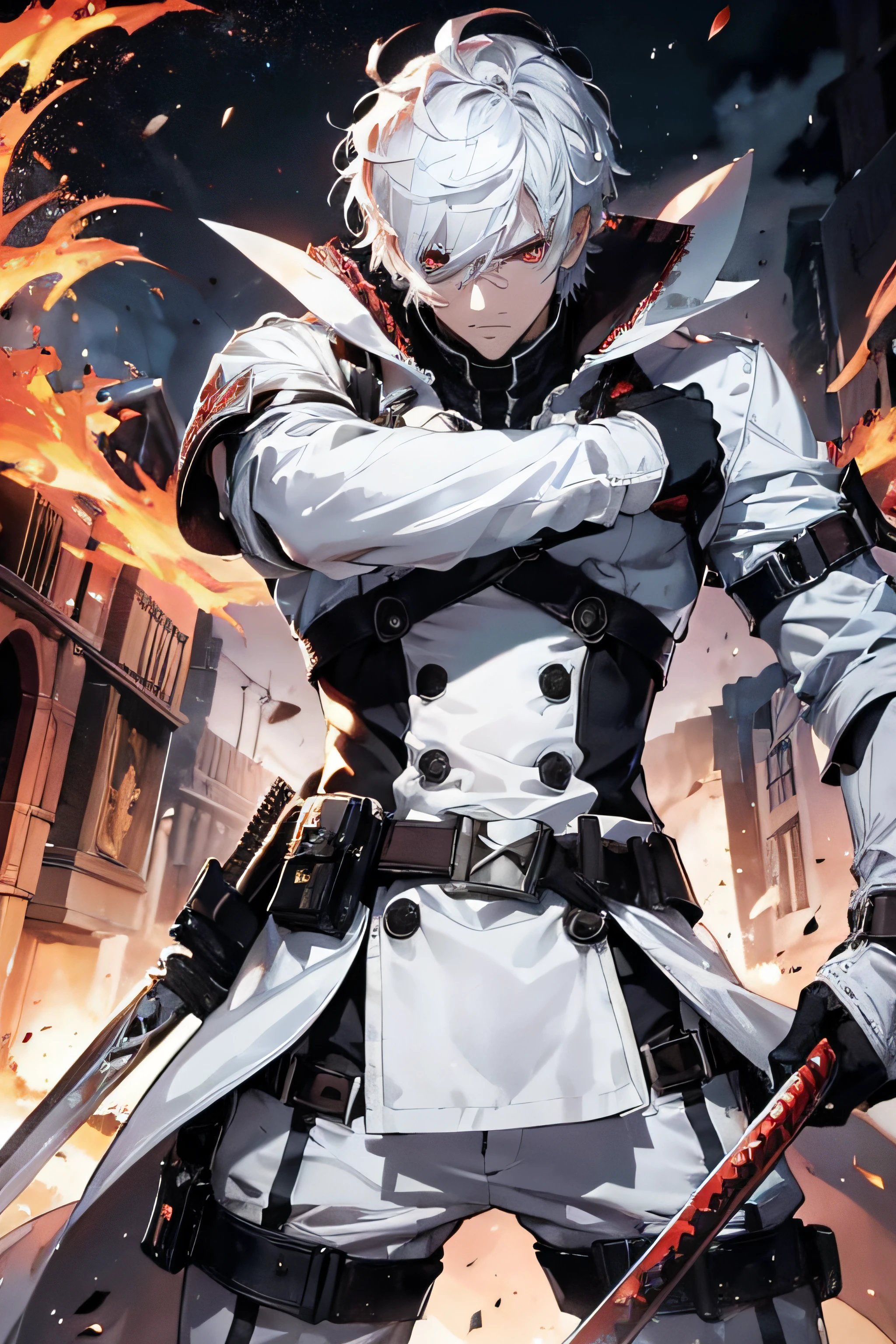(absurderes, hight resolution, ultra-detailliert), masutepiece, Best Quality, a man in white outfit, wielding sword, sword surrounded by fire, Solo, Handsome, finely eye, Detailed face, Short hair, White hair, brilliant red eyes, Ruined city, Dark background, From below, Look down, Cowboy Shot, swirls, vortex, Spark
