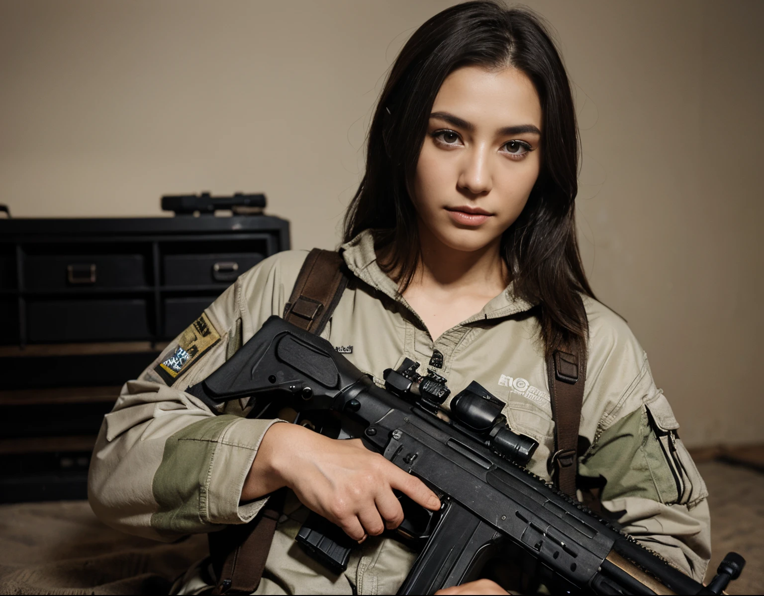 Photorealsitic、realistic skin textures、automatic rifle