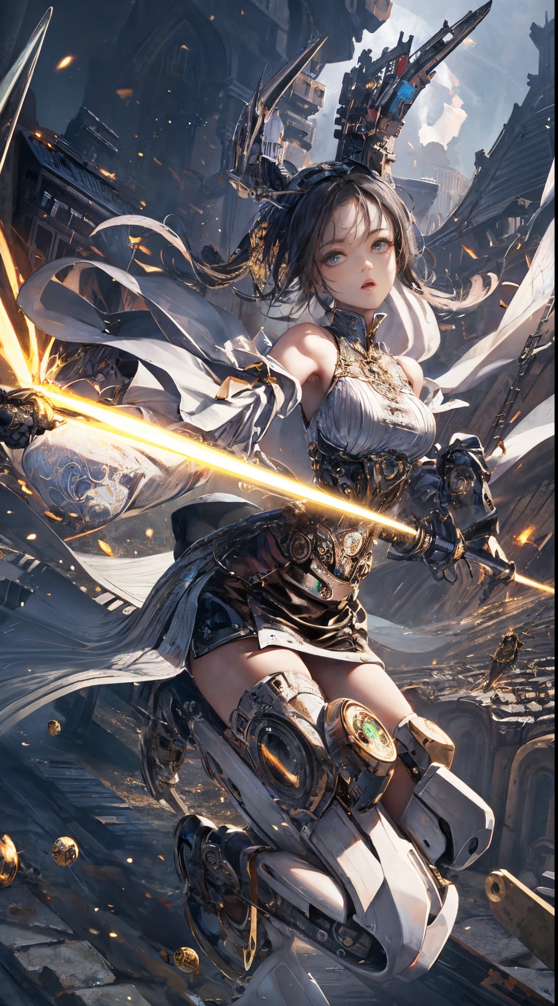 ((top-quality))、((masterpiece))、(ighly detailed:1.3)Gatling gun、guns、Beautiful hyper waifu in cyberpunk bodysuit firing anime、、Here at Blake Production Art、lot of purple and orange、intricate detailes、Volumetric lighting、Realism Break (masterpiece:1.2), Detail Shadows, (Top image quality), 4K, The ultra-detailliert, (dynamic compositions:1.4), high detailing, Colorful Detailed,( Irridescent color:1.2), (Glowing lighting, Atmosphere Lighting), dream-like, Magical, (独奏:1.2)(masterpiece、top-quality、top-quality、Official art、Beautifully Aesthetic:1.2)、(1girl in)、Extreme details、colourfull、highestdetailed、Official art、Unity 8k壁纸、ultra-detailliert、Beautifully Aesthetic、Beautiful fece、masterpiece、top-quality、(Zentangle、a Mandala、Tangles、Entanglement)、Holy Light、gold foil、Gold leaf art、glitter drawing、PerfectNwsjMajmagic