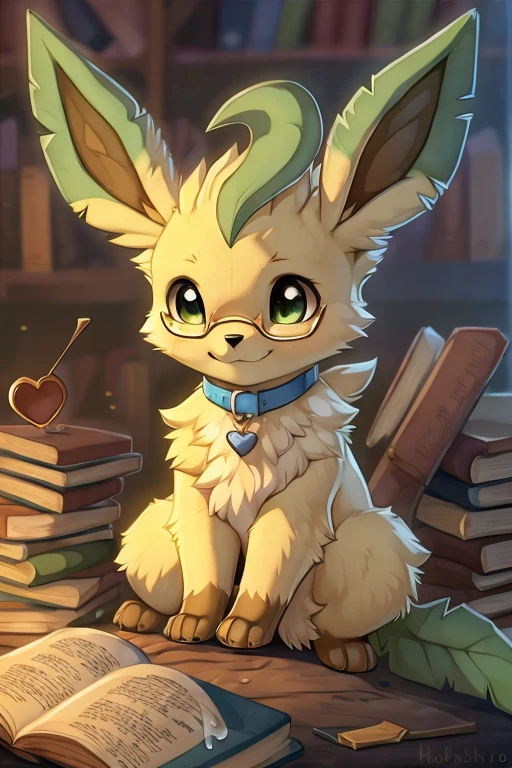 [by Hioshiru],furry, Feral, Pokemon, Long fluffy hair, Leafeon with mint green fur, Green eyes, happy and nervous, canine paws,glasses, paws for hands, short height, shortstack, heavy,blue collar with a heart pendant, perk,laying on back,Laying on a pile of books,library background,cum leaking out of canine pussy