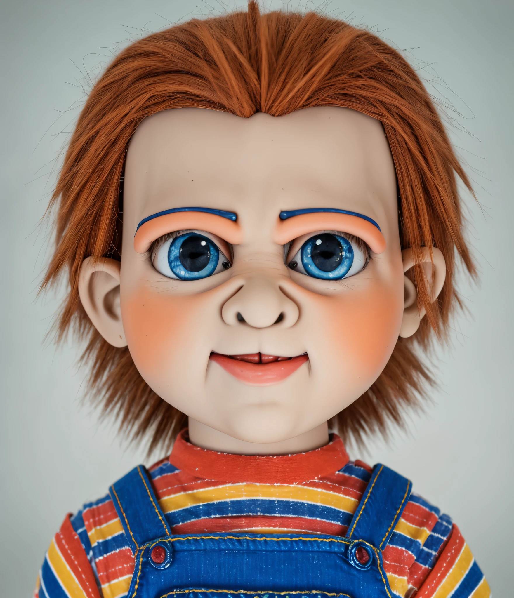 best quality, high resolution, master part: 1.2), ultra-detalhado, retrato, horror, [inspirado em mocinhos], [boneca], assustador, hideous, [Perfect appearance], tamanho real, tipo boneco, mocinhos Chukey, With denim overalls and orange and red plaid outfit