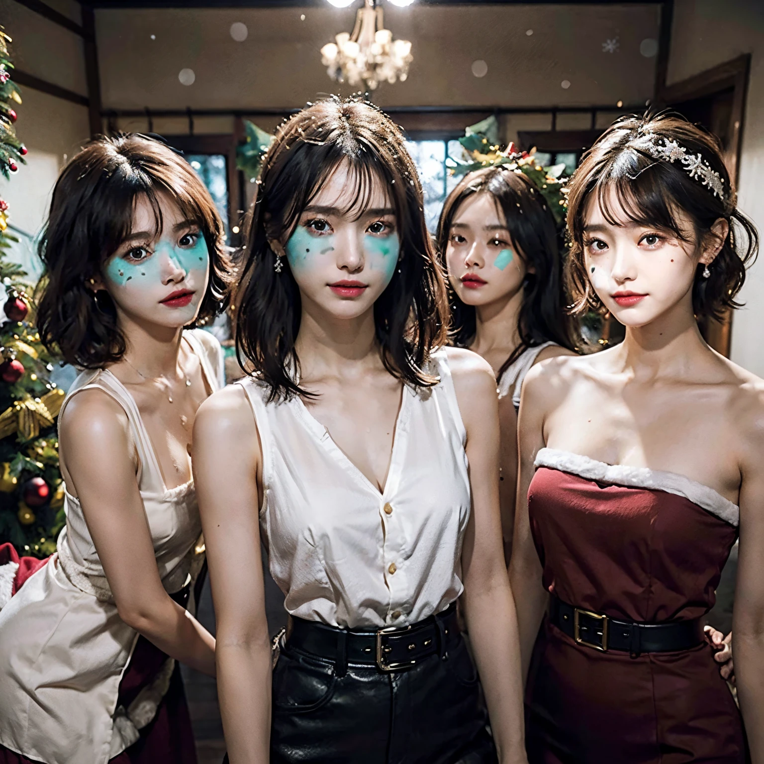 absurderes, Raw photo, Extremely delicate and beautiful, masutepiece, Best Quality, Ultra High Resolution, 16 K, hyper realisitic, Ultra-detailed, Very detailed CG 8k wallpaper, Beautiful lighting, Perfect Lightning, Realistic Shadows, Perfect Anatomy, super detailed skin, Perfect figure, A Japanese Lady, in her 20s, Very slim body, Narrow waist, Very small head, Handsome detailed woman, Very detailed eyes and face, Realistic face proportions, Stunning detailed eyes, Realistic beautiful face, Very small face, Realistic tiny beautiful eyes, Double eyelids, makeup, tear moles, Mole on chest, Earring, Bare legs, beautiful and very thin legs, beautiful and very thin thighs, (very massive round chest:1.4), (Full body shot;1.3), Short hair, Wavy Hair, Sweat, (3 girls:1.7), (Christmas situation, dress shirts:1.5), (Sleeveless, Bare arms, Bare legs, tight fitted),