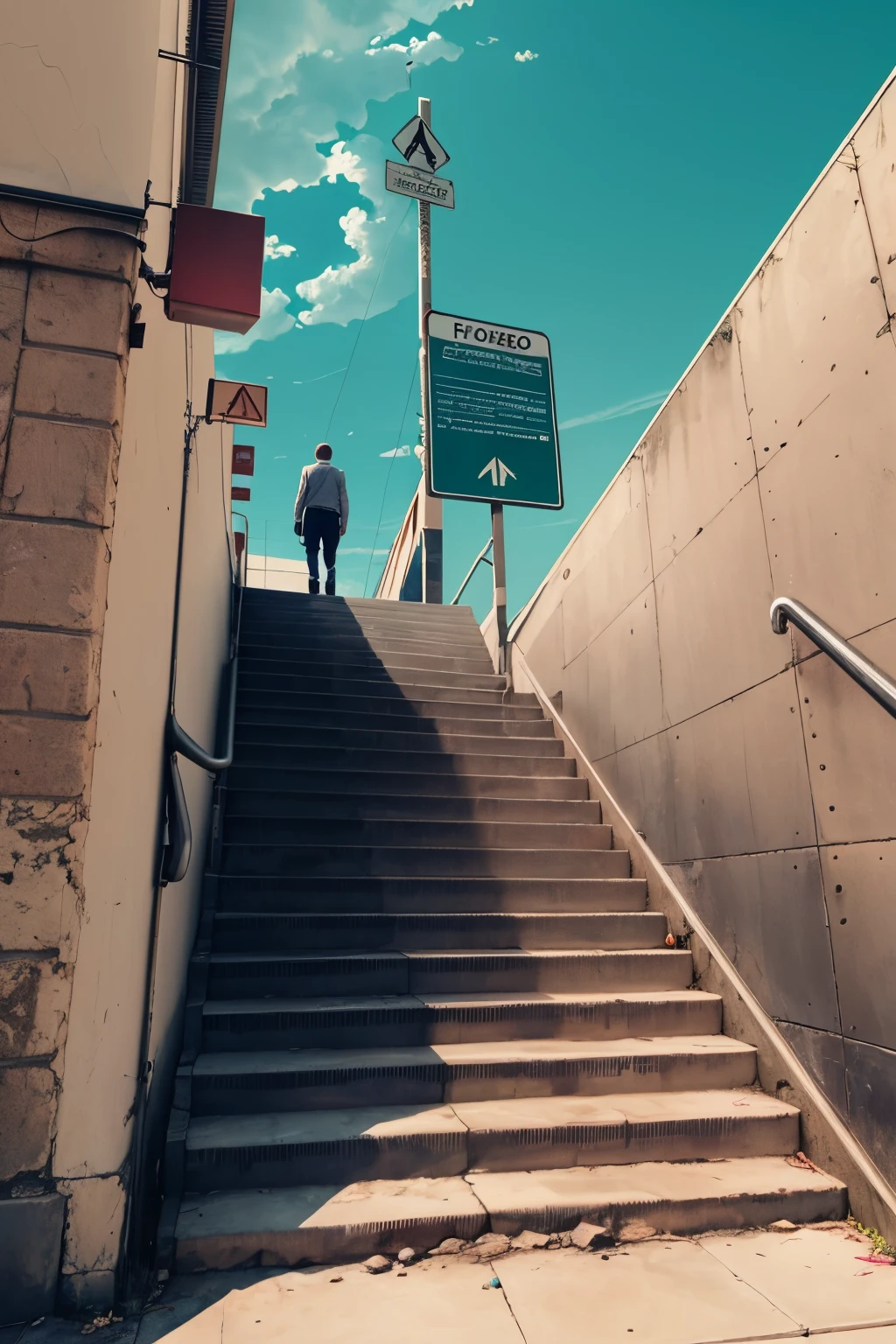 A staircase extends from the floor to the sky. A boy is walking up the staircase. There is a sign on each side of the sky. The sign on the left is marked with the words self-discipline. The sign on the right is marked with the words bad habits. The man is standing on the stairs leading to the sky. The crossroads of filling in the blanks are confusing which direction to go