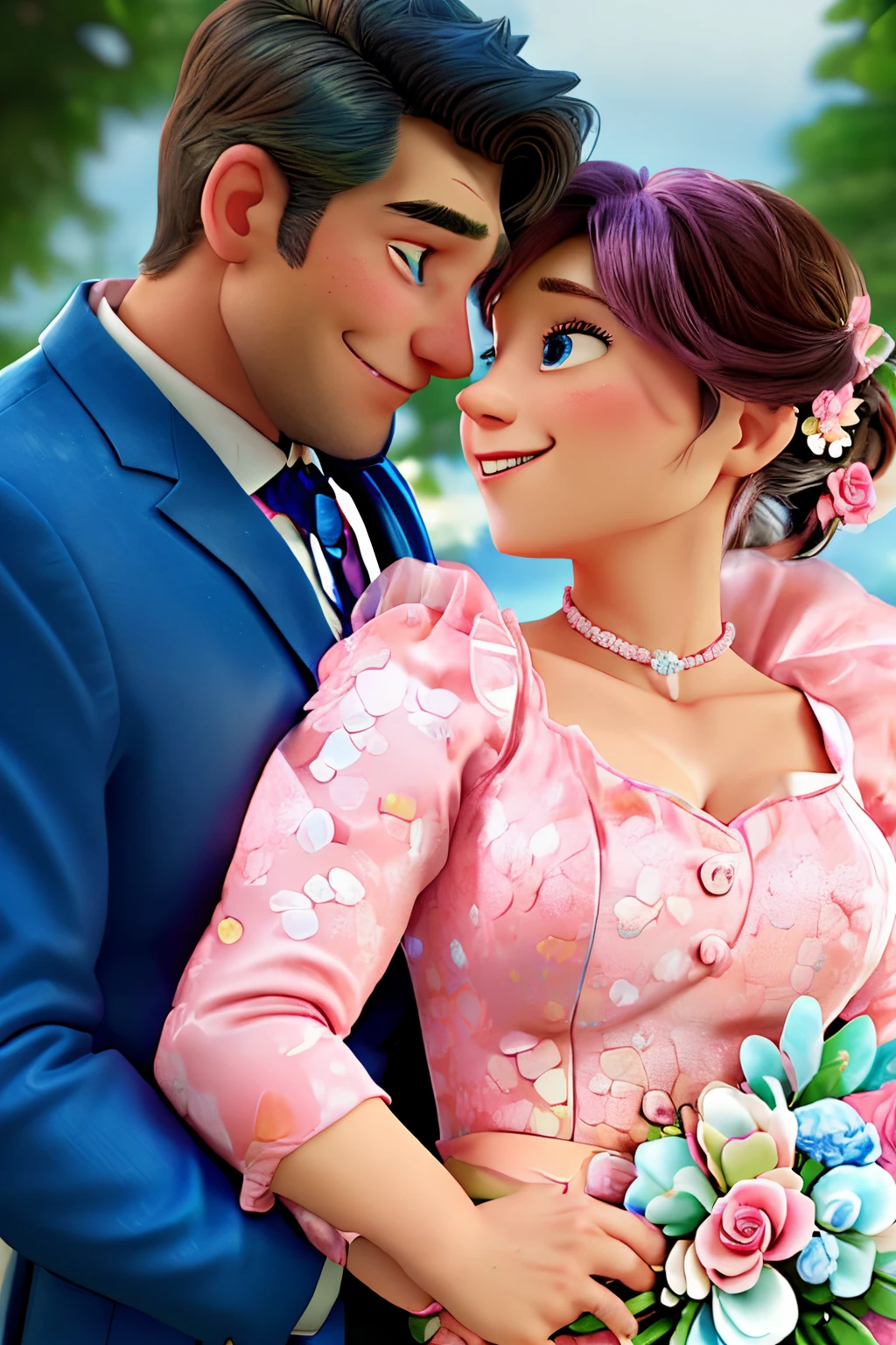 a man and woman in blue suits and pink flowers are smiling, lovely couple, 🤬 🤮 💕 🎀, * colour splash *, detailed portrait shot, wearing pink floral gown, shot with canon eoa 6 d mark ii, slightly realistic, very beautiful enga style, look at all that detail!, facebook post, couple portrait, covered with flowers, details galore, beautiful