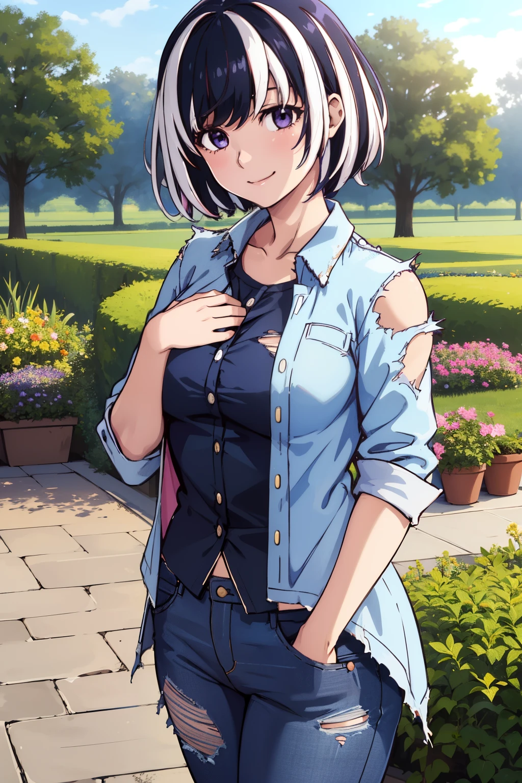 masterpiece, best quality, highres, detailed, 1girl, solo, blue acket, blue pants,white shirt,  torn clothes, torn shirt, torn jacket, torn pants, hanekawa01, short hair, black hair, purple eyes, white hair, multicolored hair, two-tone hair, streaked hair, large breasts, close up, standing, hands on own chest, smile,  garden, trees,