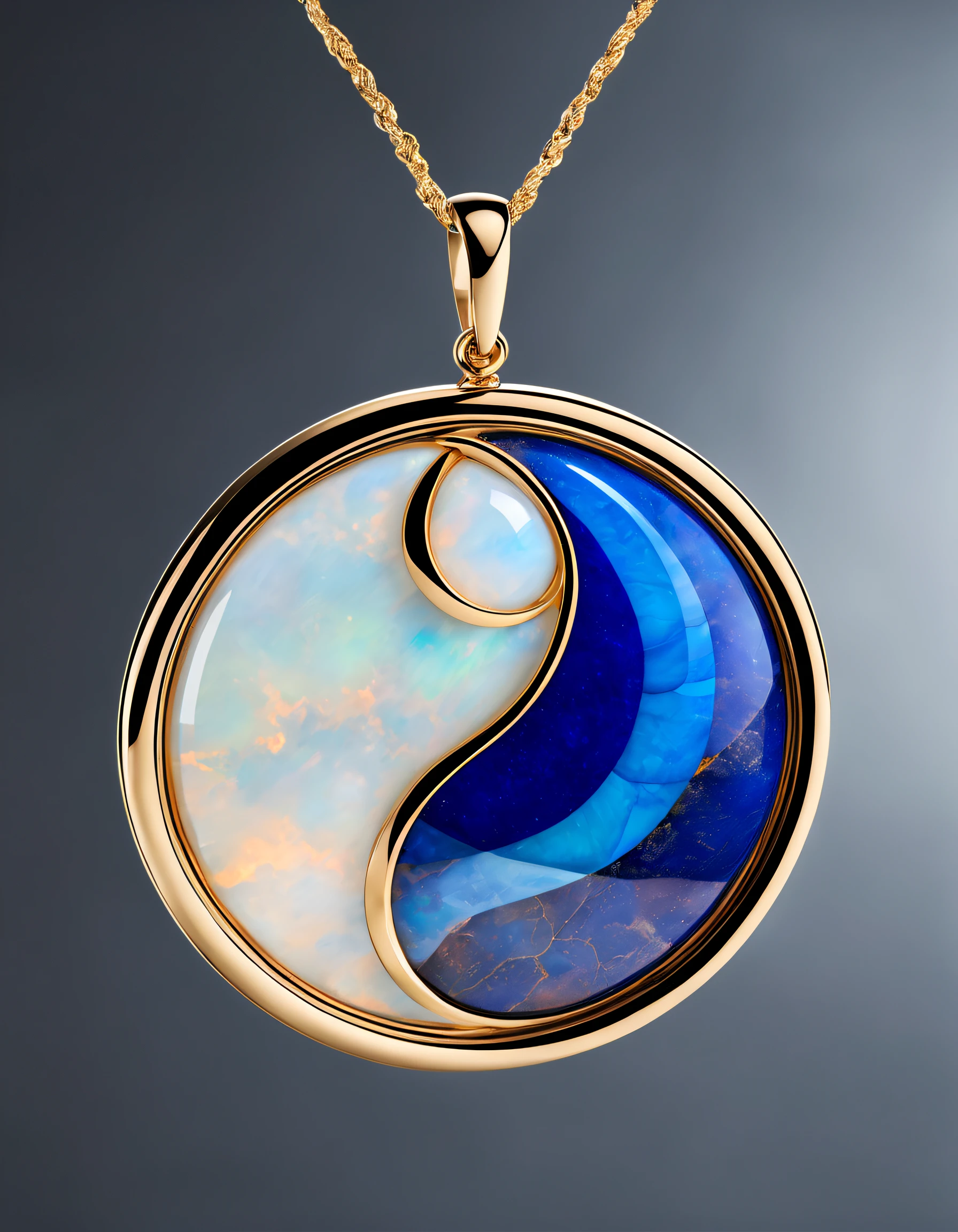 Item design, pendant design, Logo design, (a simple round pendant), (Set double opal), Black gold border, lapis lazuli,turquesa,black shell,Cancer symbol, Cancer motif, Van Cleef & Arpels & alpes, cartier, Background with: The white,author:John Pawson,Toyo Ito,zaha hadid,The is very detailed, Best quality at best, tmasterpiece, A high resolution, Hyper-realistic, 8K, Cyclic lighting,
