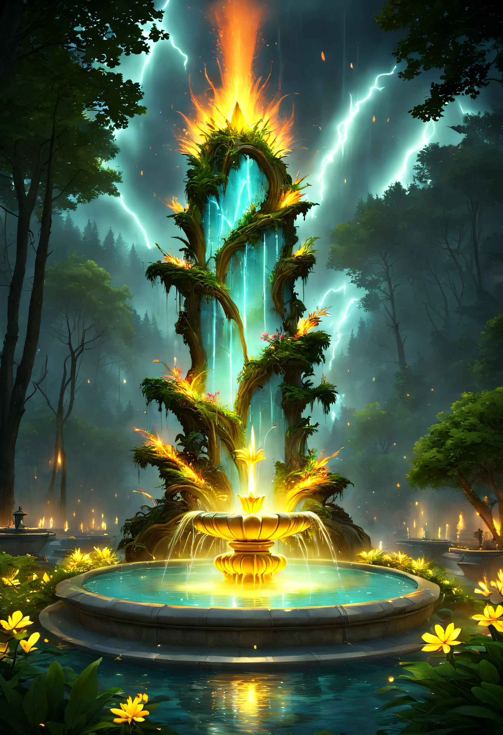 tmasterpiece,best qualtiy,(The is very detailed的 CG unified 8k 壁纸),(best qualtiy),(Most Best Illustration),(best shadow),(a fantastic fountain: 1.8),Glowing insects and glowing fountain,Fountain of eternal water,Natural elements of forest theme。Mysterious forest,(Beautiful fountain spring water in eruption state: 1.5),naturey,surrounded by flower,Delicate leaves and branches are surrounded by fireflies, nature elements,fountain theme,foliage,tree branch,glowworm,particle effect,and other 3D,rendering by octane,Ray traching,超詳細
