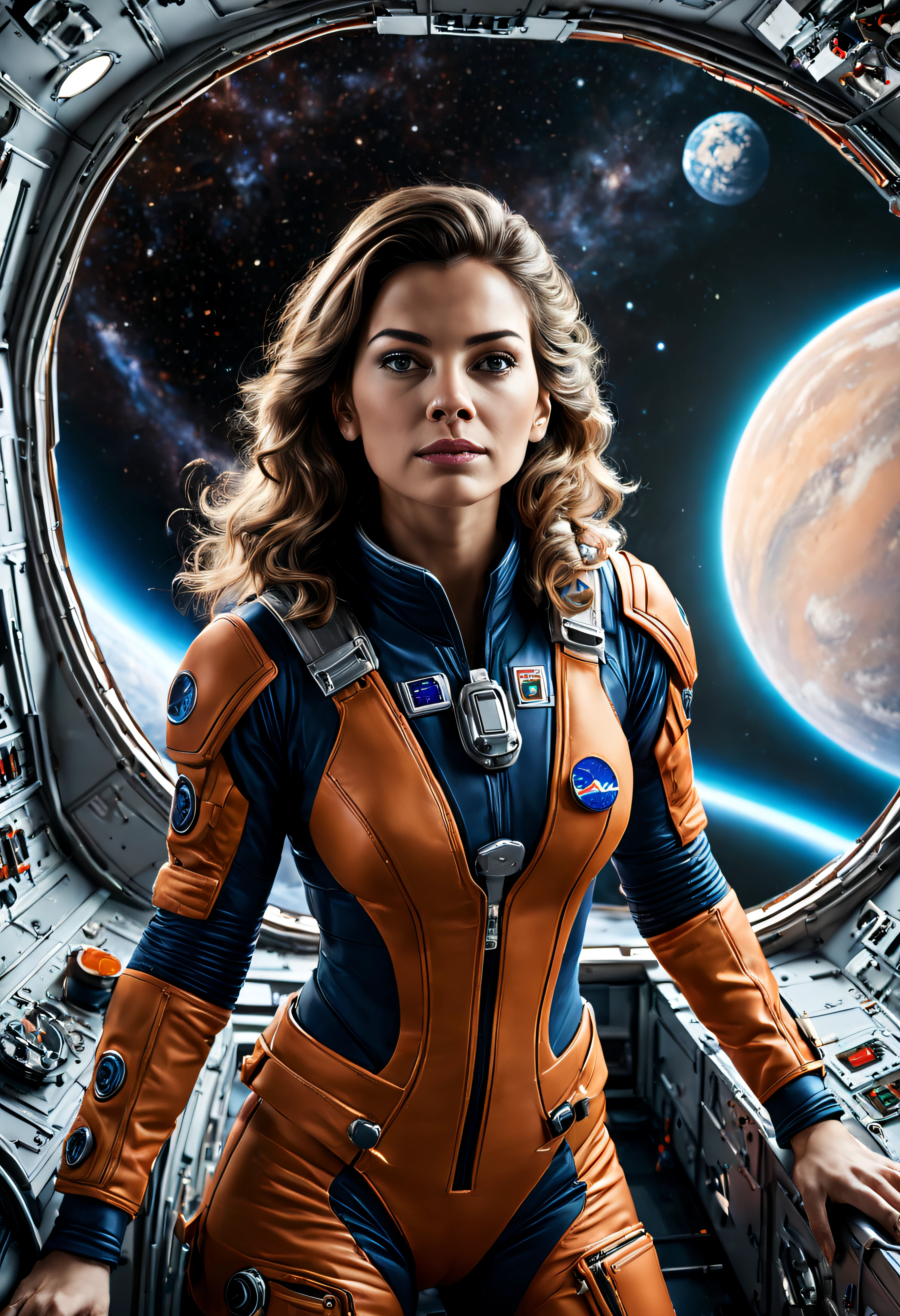 hembra alienigena agradable y exuberante , se encuentra en centro de control de nave espacial, hiperrealista, maxima tinidez de imagen, colores vibrantes. estilo cinematografico.imagen fotorealista,(renderizado 3d).
