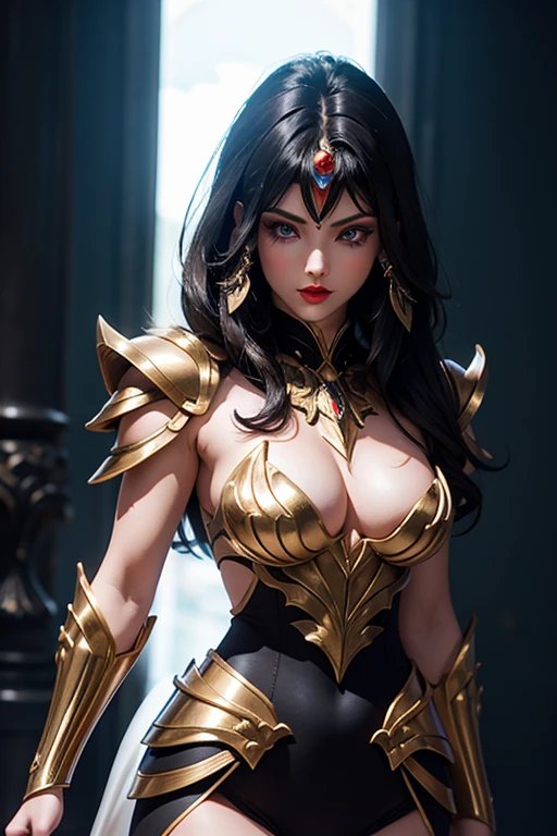 There is an adult European woman , Saint Seiya , Penguin Armor, Dark hair, red lips, Eye shadow, natural makeup, long curved hait, beautiful chest, Second Life Avatar, Beautiful screenshot, Second Life, attractive woman, high quality, highly detailed skin, dynamic pose