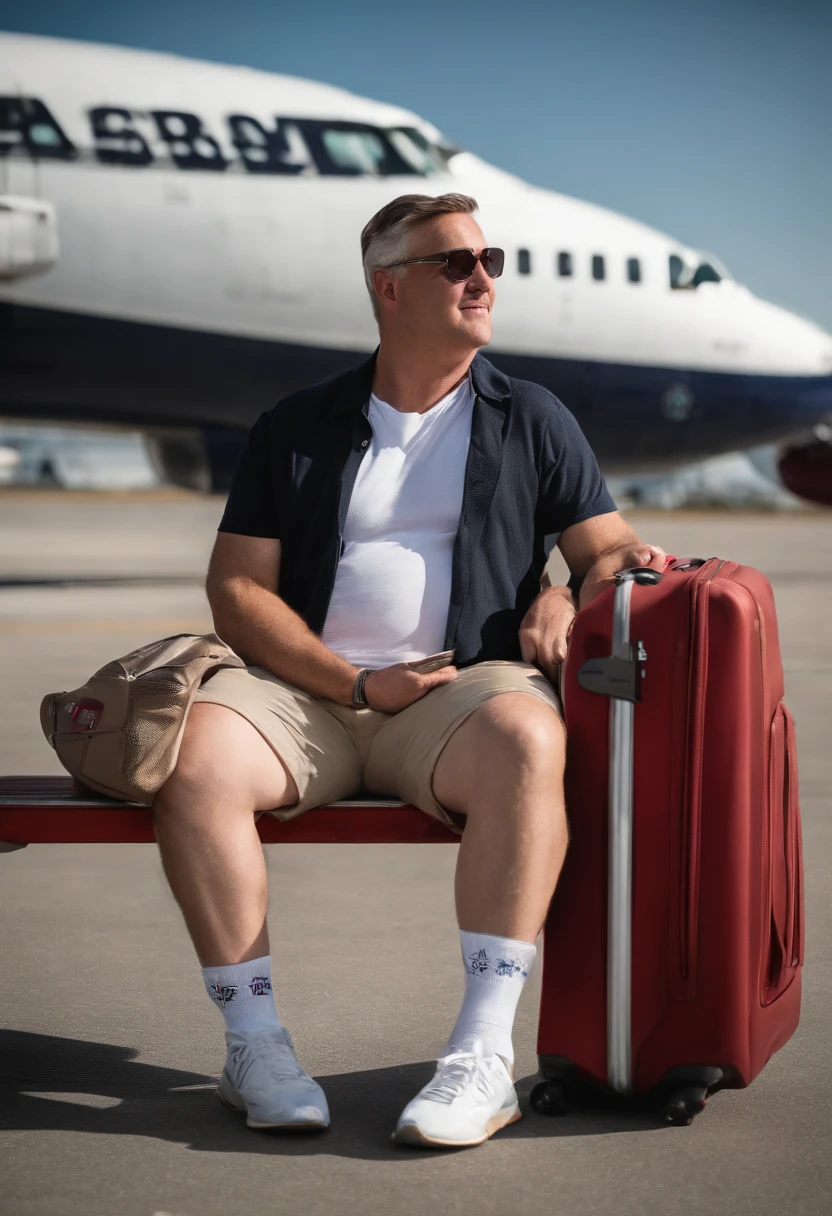 A photo of airport dad sitting at the gate with his family's boarding passes spread out in front of him,original,Airport dad dresses like a typical dad. Slightly overweight, He wears shirts tucked into shorts with a belt. High white socks with New Balance sneakers.