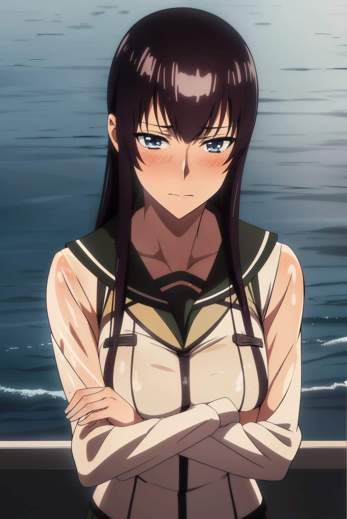 (best quality,4k,highres),(realistic:1.37),Saekobusujima,shy and blushing,sexy,crossed arms,wet see-through uniform,black lingerie,short skirt,long black stockings,wet,soaked,sitting in a boat,water, 

(portraits,anime),(vivid colors),(soft lighting)