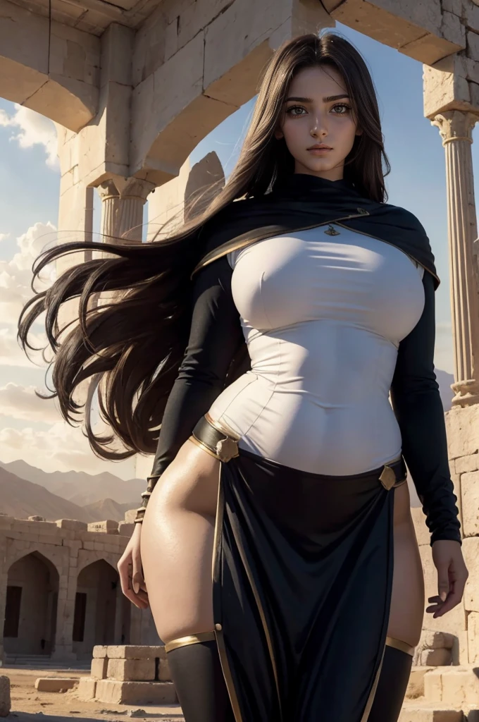 (masterpiece), full hd, best quality, expressive eyes, perfect face, 1 girl, solo, Israel female warriors, portrait, , beautiful, shapely, curvy, innocent, Pure, delicate, Proportional body, perfect body figure, cold face, long hair flying in the wind, epic, myth, Shine, brilliant, Photos with depth, sky, cloud, twilight, rays of sunshine, Wear military attire , iran landscape, wind, big hips, Medieval temple, golden