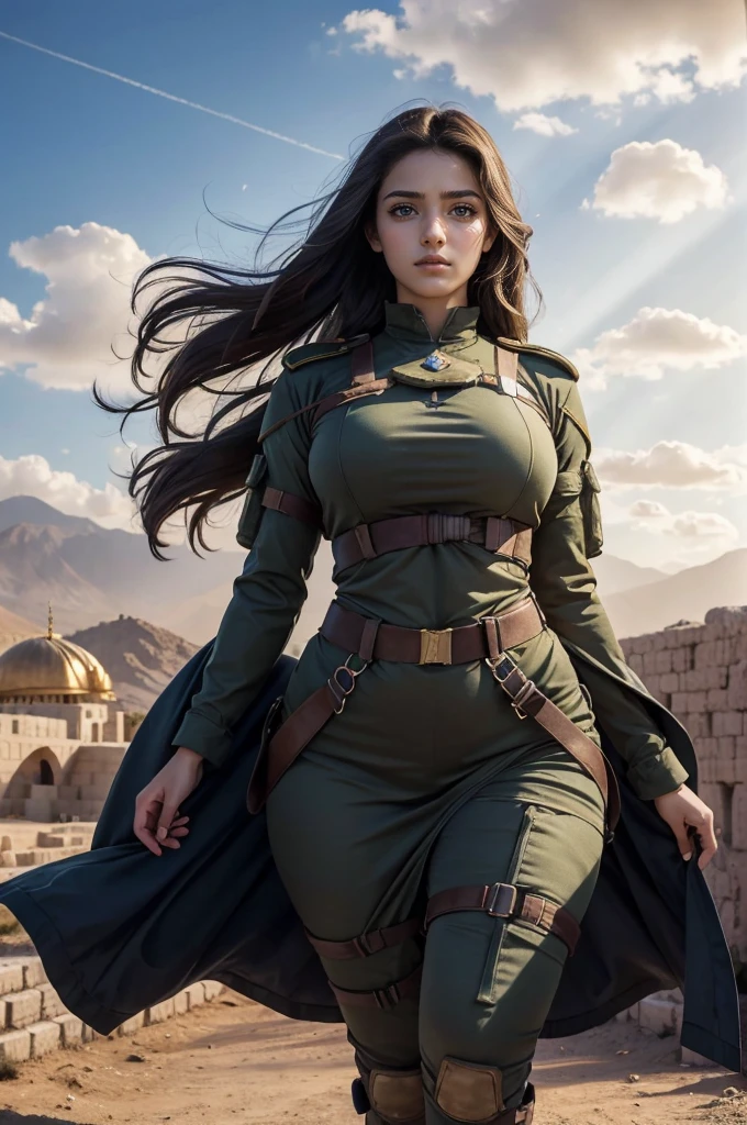 (masterpiece), full hd, best quality, expressive eyes, perfect face, 1 girl, solo, Israel female warriors, portrait, 16 years old, beautiful, shapely, curvy, innocent, Pure, delicate, Proportional body, perfect body figure, cold face, long hair flying in the wind, epic, myth, Shine, brilliant, Photos with depth, sky, cloud, twilight, rays of sunshine, Wear military attire , iran landscape, wind, big hips, Medieval temple, golden