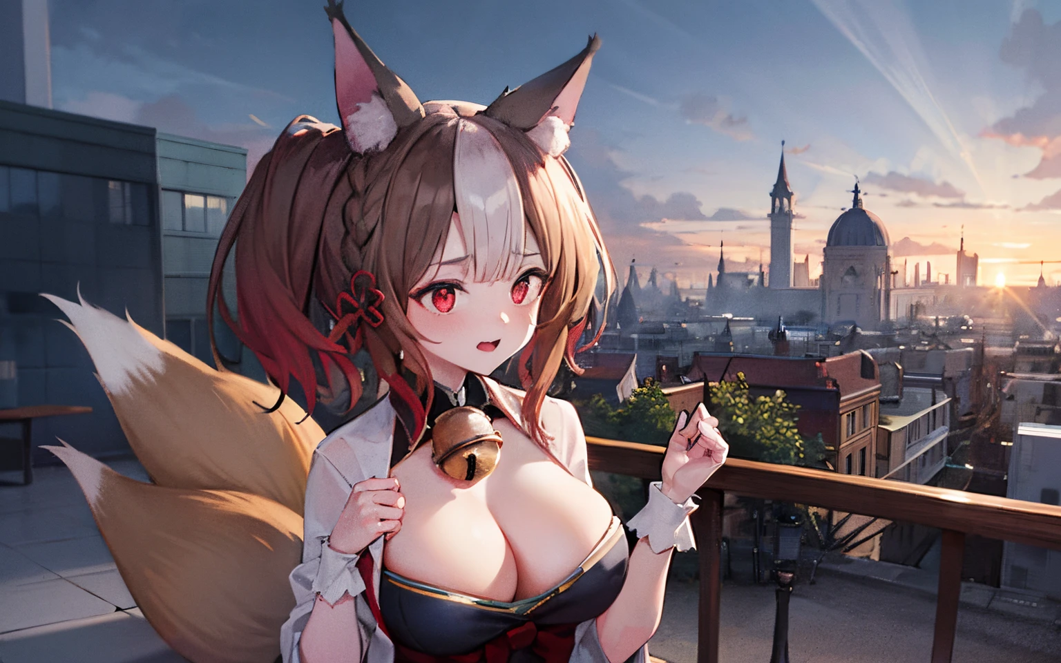 （Highest image quality），（Works of masters），（Solo exhibition：1.2），The light from the rear window is backlit，extremely detailed background，white-mist，Animal ear，1 plump girl，fox ear，through bangs，red eyes，Hair color，double tails，Animal ear hair，Brown hair，hair adornments，bell，eventide，the sunset，buildings，The sky is mostly cloudy，edge lit，twotonelighting，ACING audience,face flushed,(very Bigger breasts)，A confused look on his face，Look at your breasts，hands at a loss