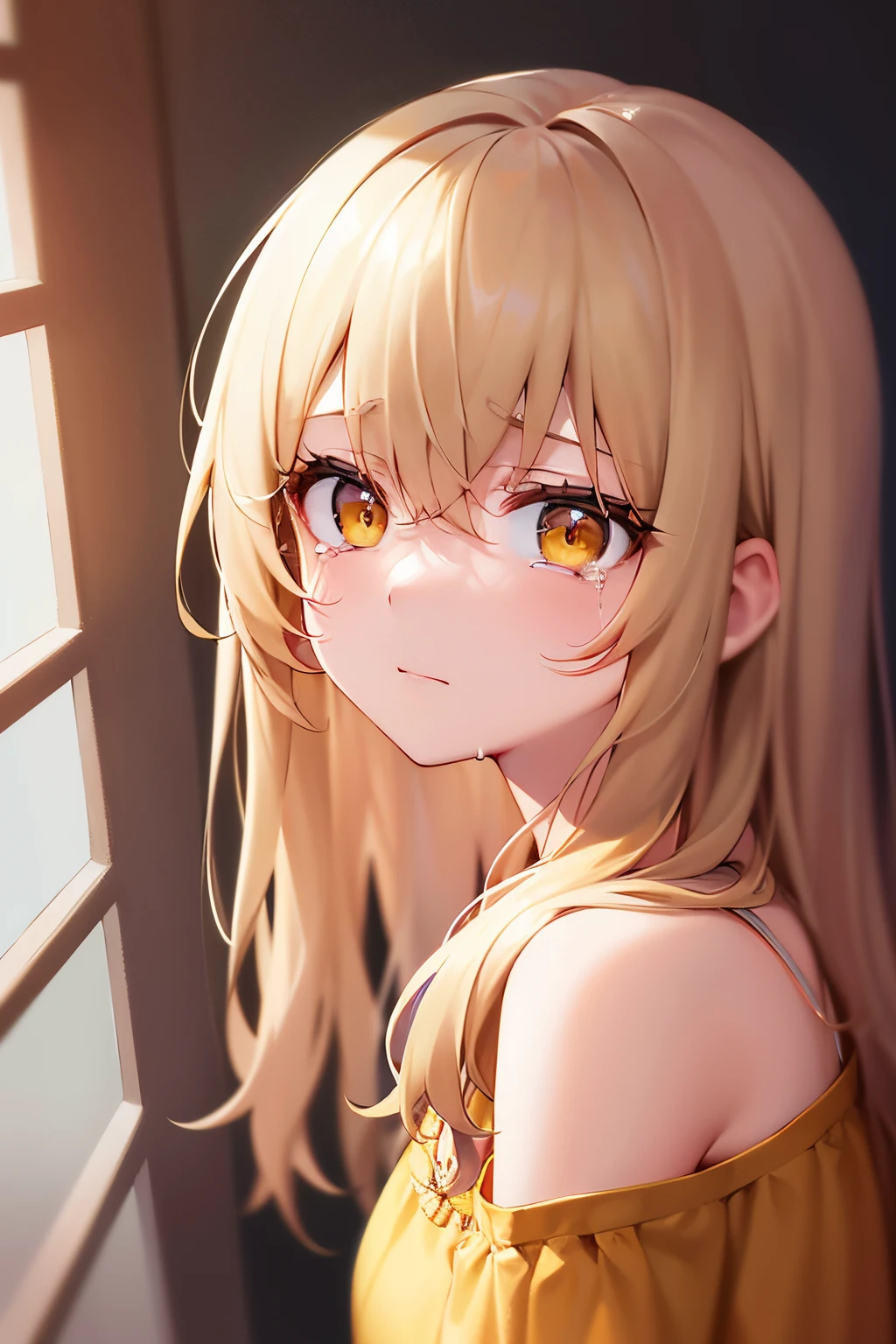 Angle from above, High angle, ​masterpiece、hightquality、(Blonde long hair, yellow  eyes)、An 18-year-old woman、(Alone:1.5)、She is wearing an orange off-shoulder long-sleeved blouse.、(Sad and crying expression:1.1)、Close-up of the subject's face、(Only the upper body is shown.:1.3)、Bold composition、The background is a room