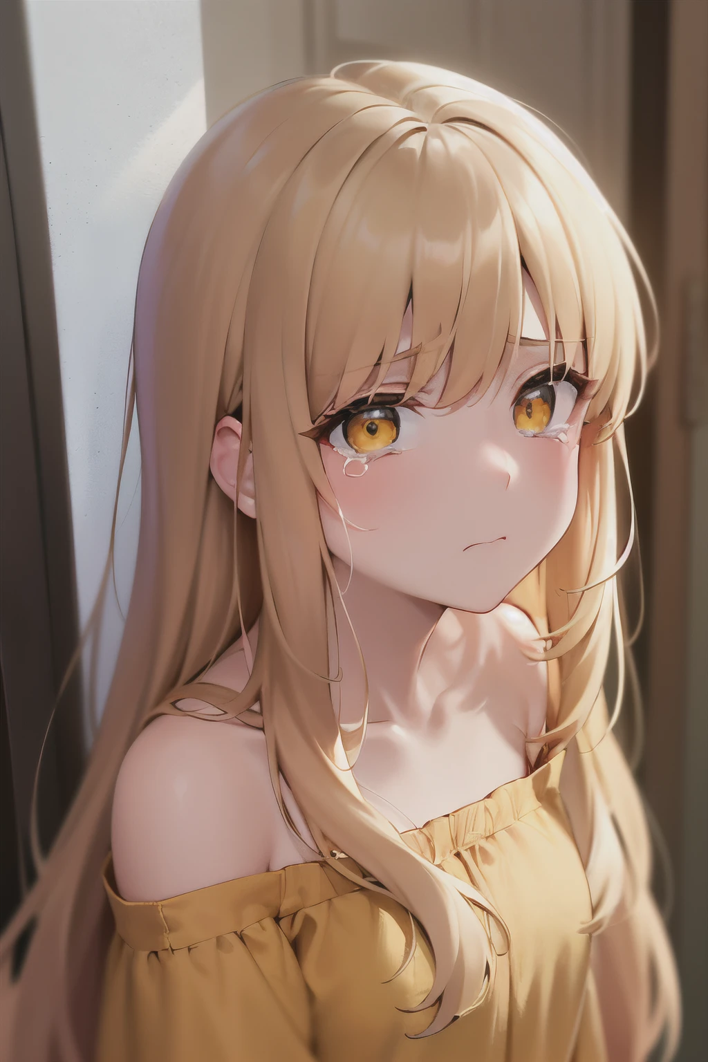 Angle from above, High angle, masterpiece、hightquality、(Blonde long hair, yellow eyes)、An 18-year-old woman、(Alone:1.5)、She is wearing an orange off-shoulder long-sleeved blouse.、(Sad and crying expression:1.1)、Close-up of the subject's face、(Only the upper body is shown.:1.3)、Bold composition、The background is a room