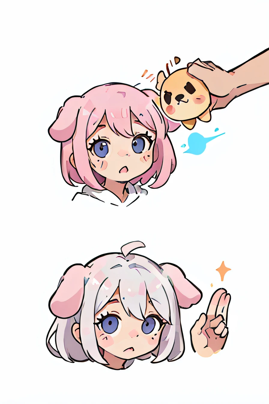 Cute pink puppy,Puppy ears,Various expressions,Squeeze your eyes,adorable eyes,white backgrounid, illustration-nii 5-style cute, emoji as illustration set, with boold manga line style,
dynamic pose dark white,,f/64 groups,related characters,Old
Meme Kernel,expressions
