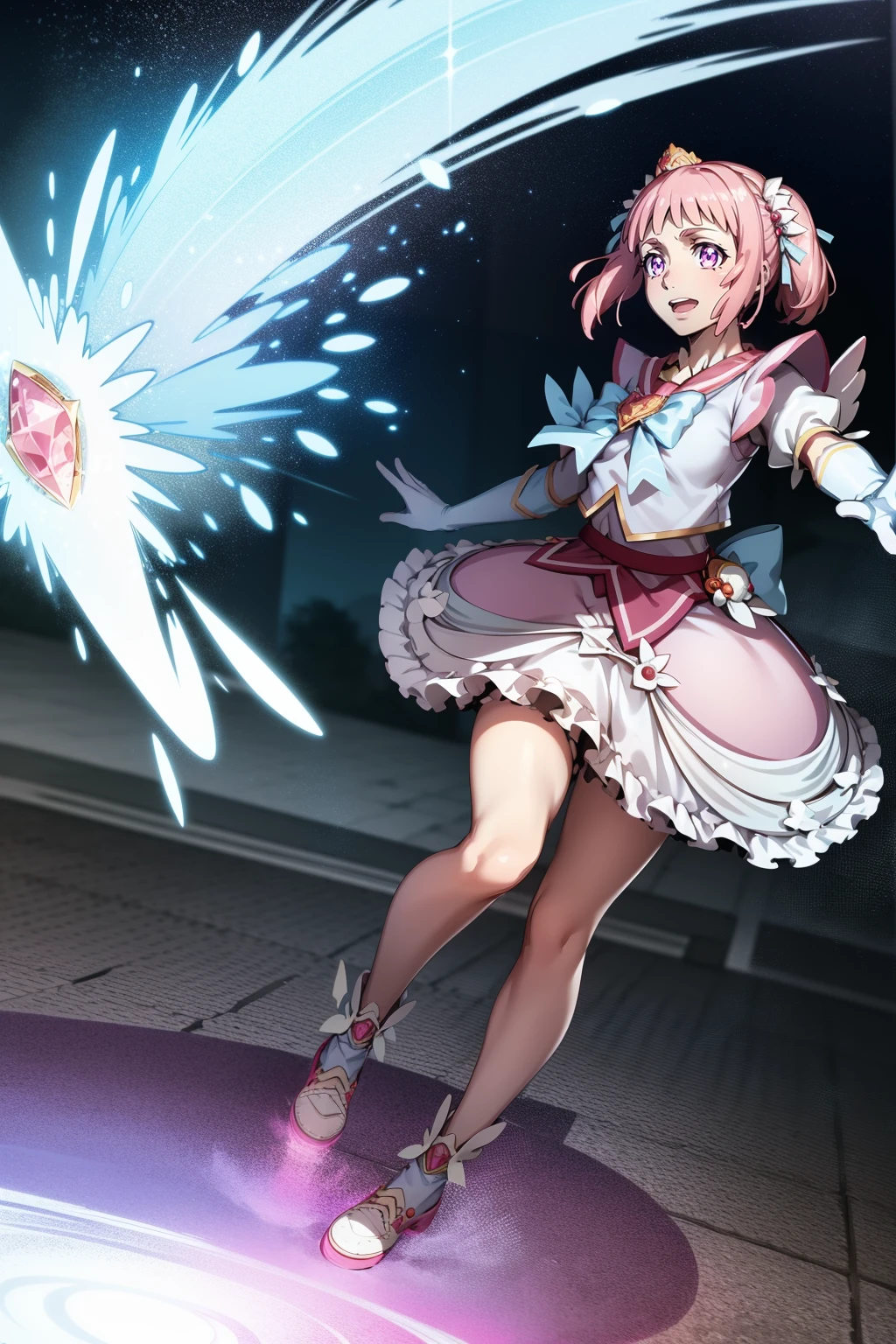(Ultra-detailed eyes), (((textile shading))), (((Best Quality))), (((masutepiece))), (((Ultra-detailed CG))), depth of fields, 15 years old, (((magical little girl))), (Petite), (tiny chest), Pink hair, ((Short hair)), Pink eyes, (((Pink Satin Dress, Sleeveless Satin Dresses))), pink satin skirt, Pleated skirt, ((elbow groves)), Long gloves, White Satin Gloves, White garter belt, white satin knee socks, white satin color, Pink satin ribbon on the chest, (((Highly detailed super shiny smooth satin garment))), (((super shiny smooth satin gloves))), (((Game CG))), ((nigh sky, Old ruins)), ((heavy lotion rain)), ((Narrow passage)), (manfully, angry, Fighting, Armpit)