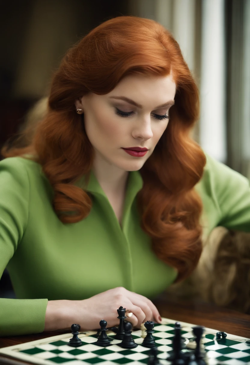 A photo of Beth Harmon studying a chess puzzle book with a determined expression,The Queen's Gambit,She is beautiful with red hair and a pale complexion, often dressed in a chic, 1960s style that reflects her bold and precise personality. Her intense green eyes are frequently a focal point, mirroring her sharp intellect and deep concentration.