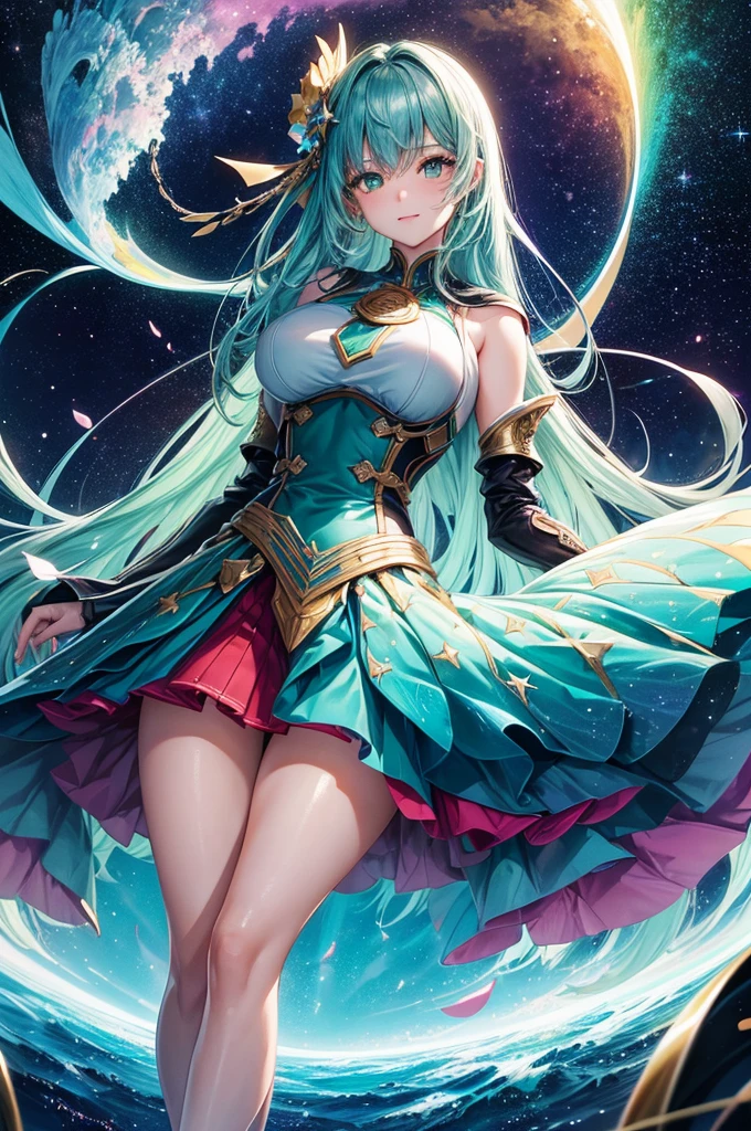 Woman with rainbow colored hair and delicate teal dress armor, Permanent, Rainbow colored cosmic nebula background, Star, galaxy, Intricate details, perfect face