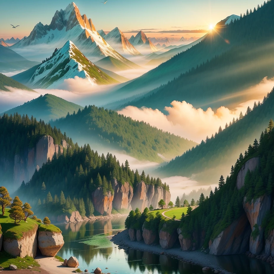 The beauty of mountains and rivers，Talk together。Peaks go to the cloud，Clear water bottoms out。Stone walls on both sides，five colors。Green forest and green bamboo，Ready for all times。The dawn fog is about to break，The chirping of apes and birds；sunset，Shen Lin Jing Yue。