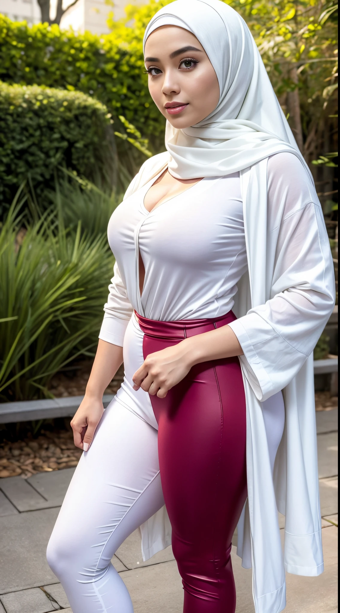 RAW, Best quality, high resolution, masterpiece: 1.3), beautiful Malay woman in hijab (iu:0.8)1beautiful Malay womanRAW, Best quality, high resolution, masterpiece: 1.3), beautiful Malay woman in hijab (iu:0.8),1beautiful Malay woman , wearing a white shirt, wearing a long closed front cardigan, wearing tight white leggings, large breasts, morning walk, city park, good lighting, bright colors, clean lines