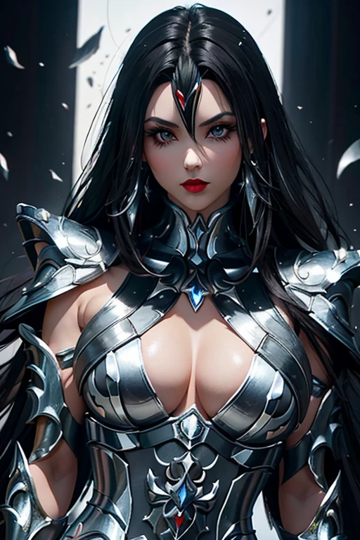 There is an adult European woman , Saint Seiya , Penguin Black and White Cloth, Dark hair, red lips, Eye shadow, natural makeup, long curved hait, beautiful chest, Second Life Avatar, Beautiful screenshot, Second Life, attractive woman, high quality, highly detailed skin, dynamic pose