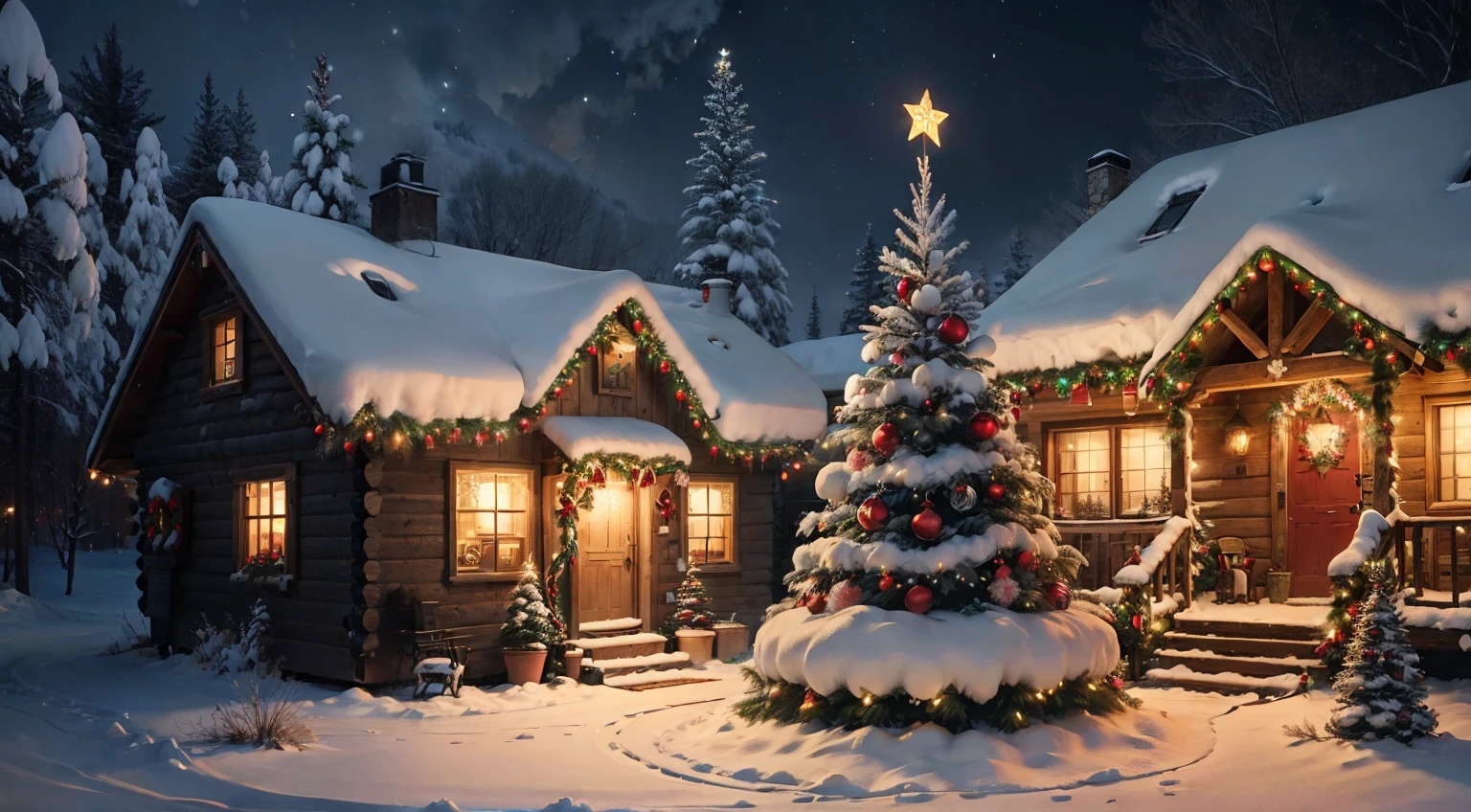Cozy christmas cabin decorated with Christmas lights and decorations,UHD