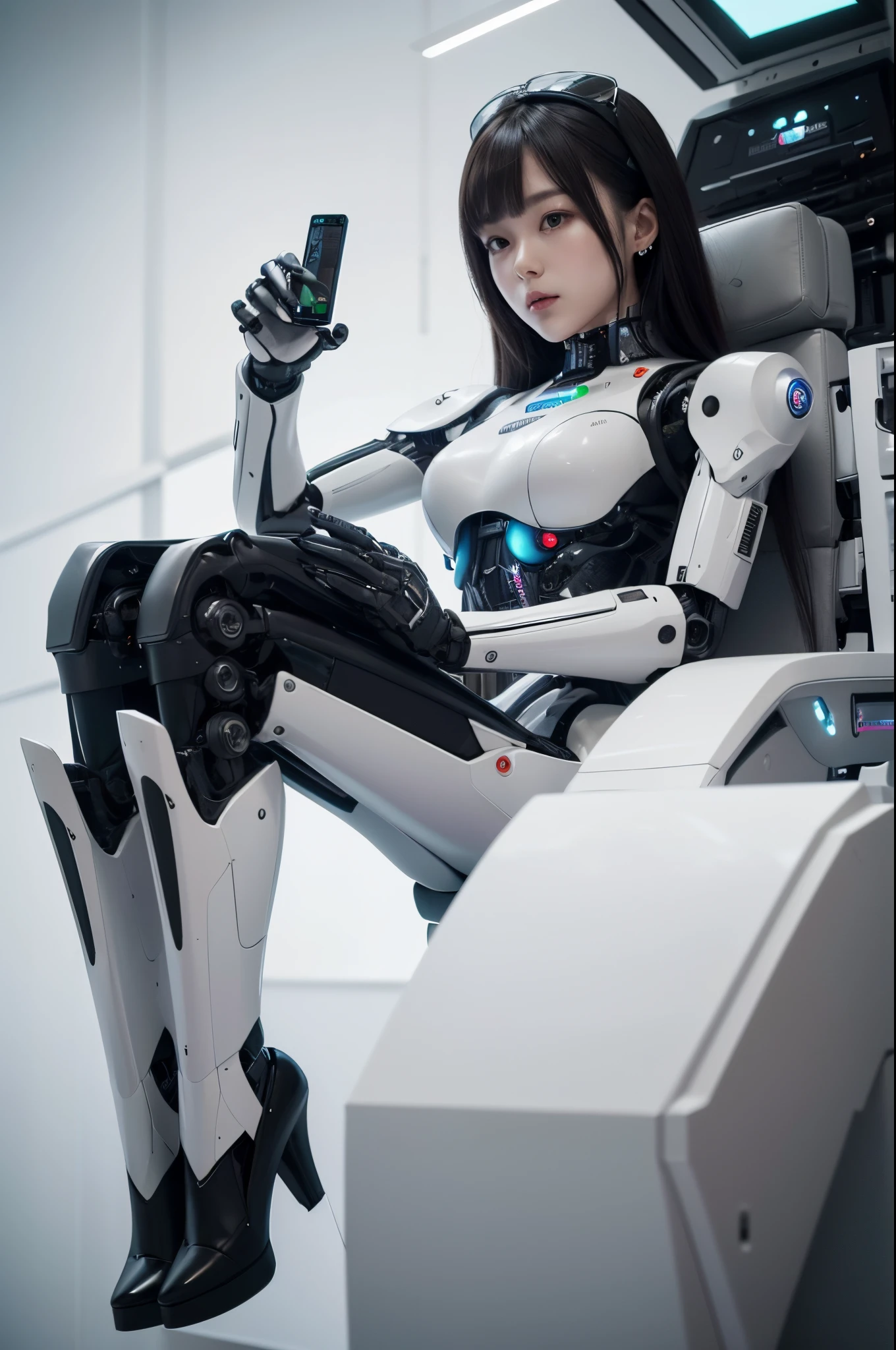 woman in a white suit sitting on a chair with a remote control, the most advanced humanoid robot, fully robotic!! girl, girl wearing robotic suit, close-up of a robot sitting down, humanoid robot close up, the robot wearing her human mask, artificial intelligence princess, posing robotically, integrated synthetic android, perfect android girl, full eyes