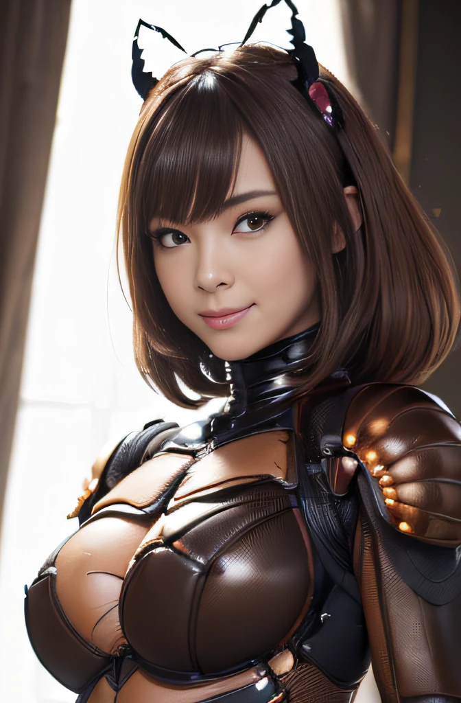 (high resolution,masterpiece,best quality,extremely detailed CG, anime, official art:1.4), realistic, photo, amazing fine details, all intricate, gloss and shiny,awesome many layers, 8k wall paper, 3d, sketch, kawaii, illustration,( solo:1.4), perfect female proportion,villainess, (fusion of dark brown cockroach and lady:1.4), (brown cockroach form lady:1.2), (brown cockroach lady:1.2), (fusion:1.2), (solo:1.4), (evil smile:1.2), muscular, abs, (cockroach brown exoskeleton bio insect suit:1.4), (cockroach brown exoskeleton bio insect armor:1.2), (brown transparency cockroach wing:1.4), (brown cockroach antennae:1.3),