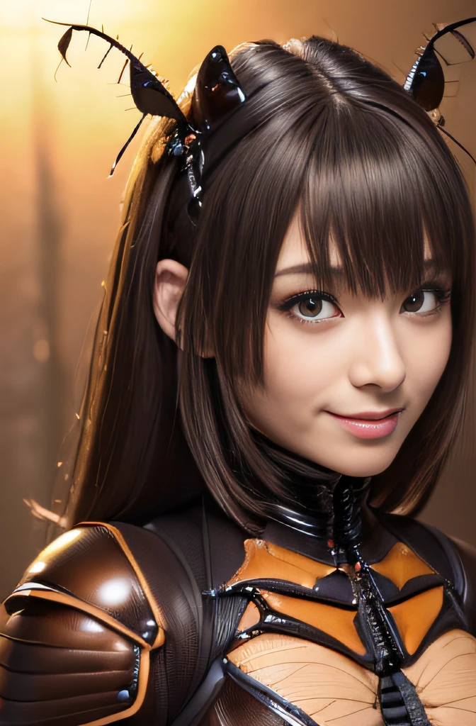 (high resolution,masterpiece,best quality,extremely detailed CG, anime, official art:1.4), realistic, photo, amazing fine details, all intricate, gloss and shiny,awesome many layers, 8k wall paper, 3d, sketch, kawaii, illustration,( solo:1.4), perfect female proportion,villainess, (fusion of dark brown cockroach and lady:1.4), (brown cockroach form lady:1.2), (brown cockroach lady:1.2), (fusion:1.2), (solo:1.4), (evil smile:1.2), muscular, abs, (cockroach brown exoskeleton bio insect suit:1.4), (cockroach brown exoskeleton bio insect armor:1.2), (brown transparency cockroach wing:1.4), (brown cockroach antennae:1.3),