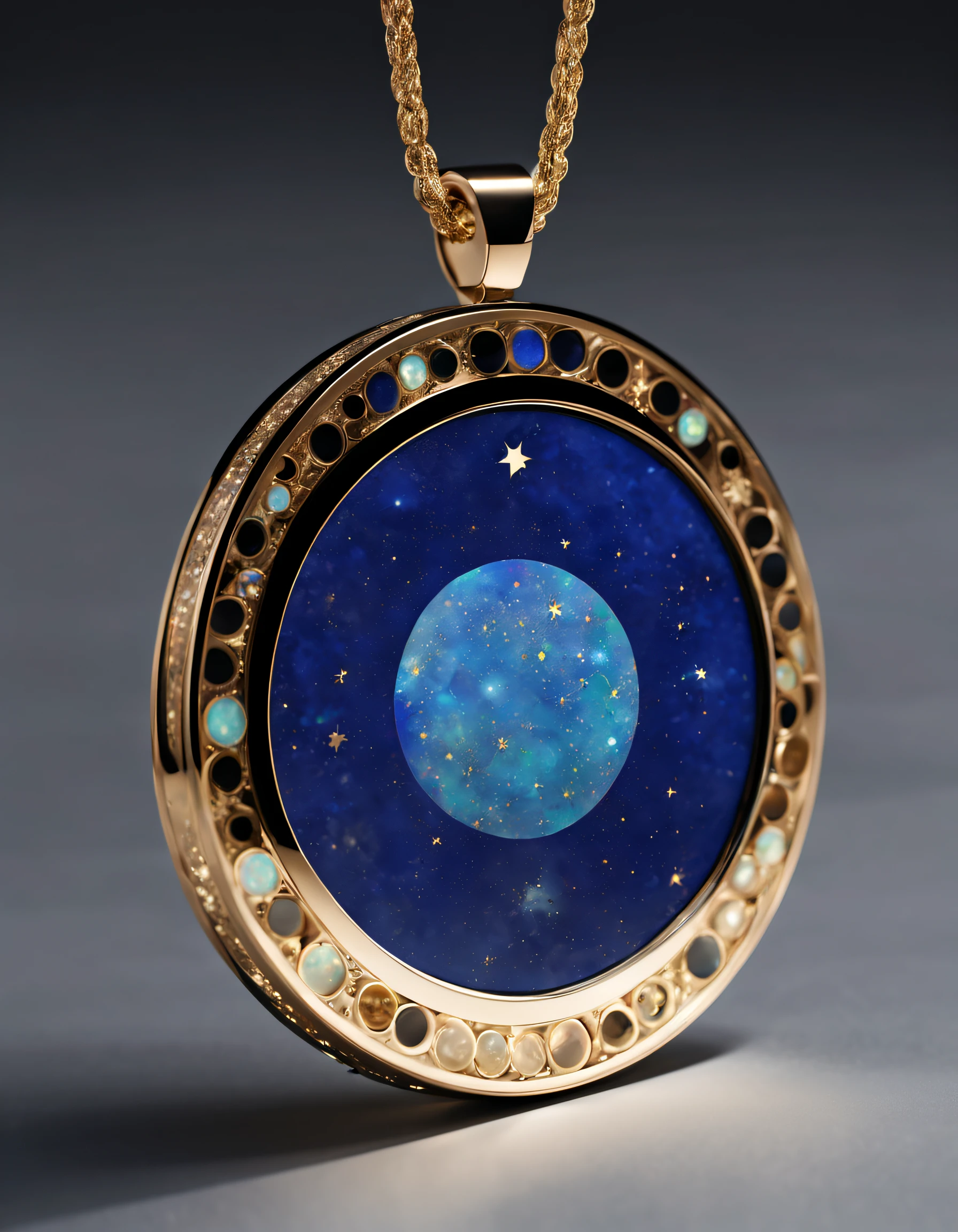 Item design, pendant design, Logo design, (a simple round pendant), Set double opal, Black gold border, lapis lazuli,turquesa,black shell,12 constellation symbols, 12 constellation patterns, Van Cleef & Arpels & alpes, cartier,
Background with: The white,author:John Pawson,Toyo Ito,zaha hadid,The is very detailed, Best quality at best, tmasterpiece, A high resolution, Hyper-realistic, 8K, Cyclic lighting,