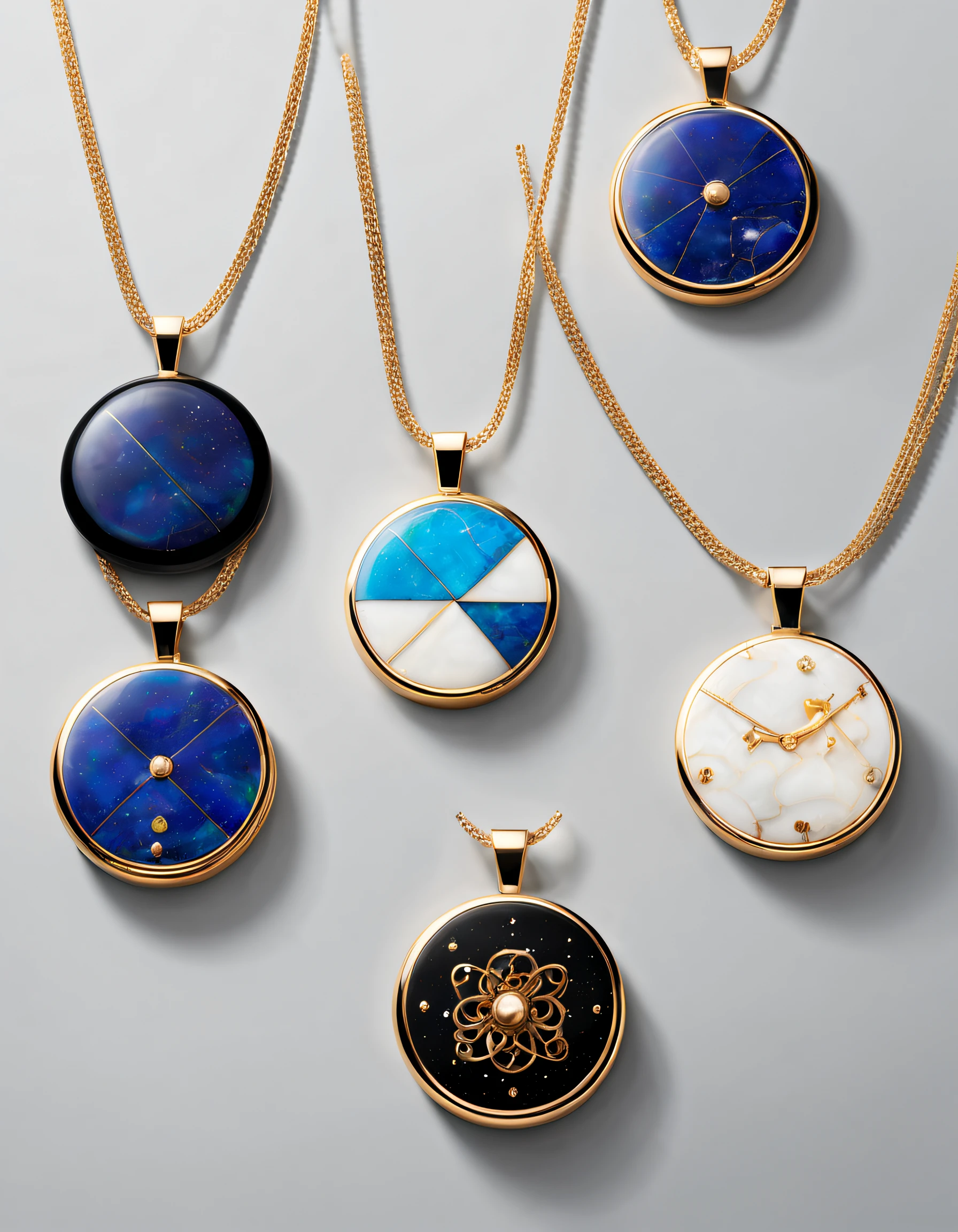 Item design, pendant design, Logo design, (a simple round pendant), Set double opal, Black gold border, lapis lazuli,turquesa,black shell,12 constellation symbols, 12 constellation patterns, Van Cleef & Arpels & alpes, cartier,
Background with: The white,author:John Pawson,Toyo Ito,zaha hadid,The is very detailed, Best quality at best, tmasterpiece, A high resolution, Hyper-realistic, 8K, Cyclic lighting,