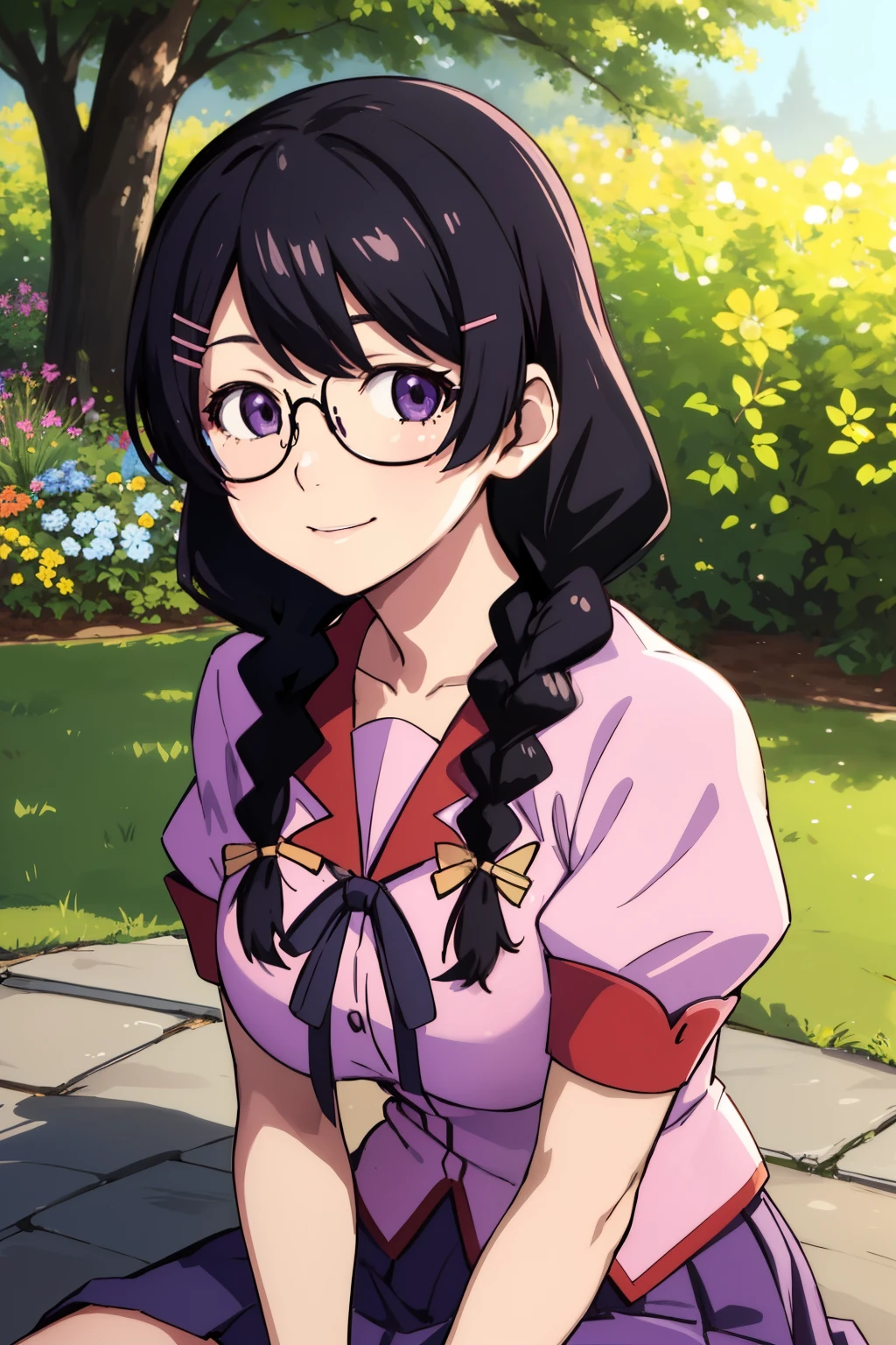 masterpiece, best quality, highres, detailed, 1girl, solo, looking at viewer, smile, , hanekawa01, long hair, braid, twin braids, hair ribbon, glasses large breasts, skirt, black hair, pink shirt, hair ornament,school uniform, purple eyes, hairclip, short sleeves, naoetsu high school uniform, close up, sitting on the ground,  garden, trees,