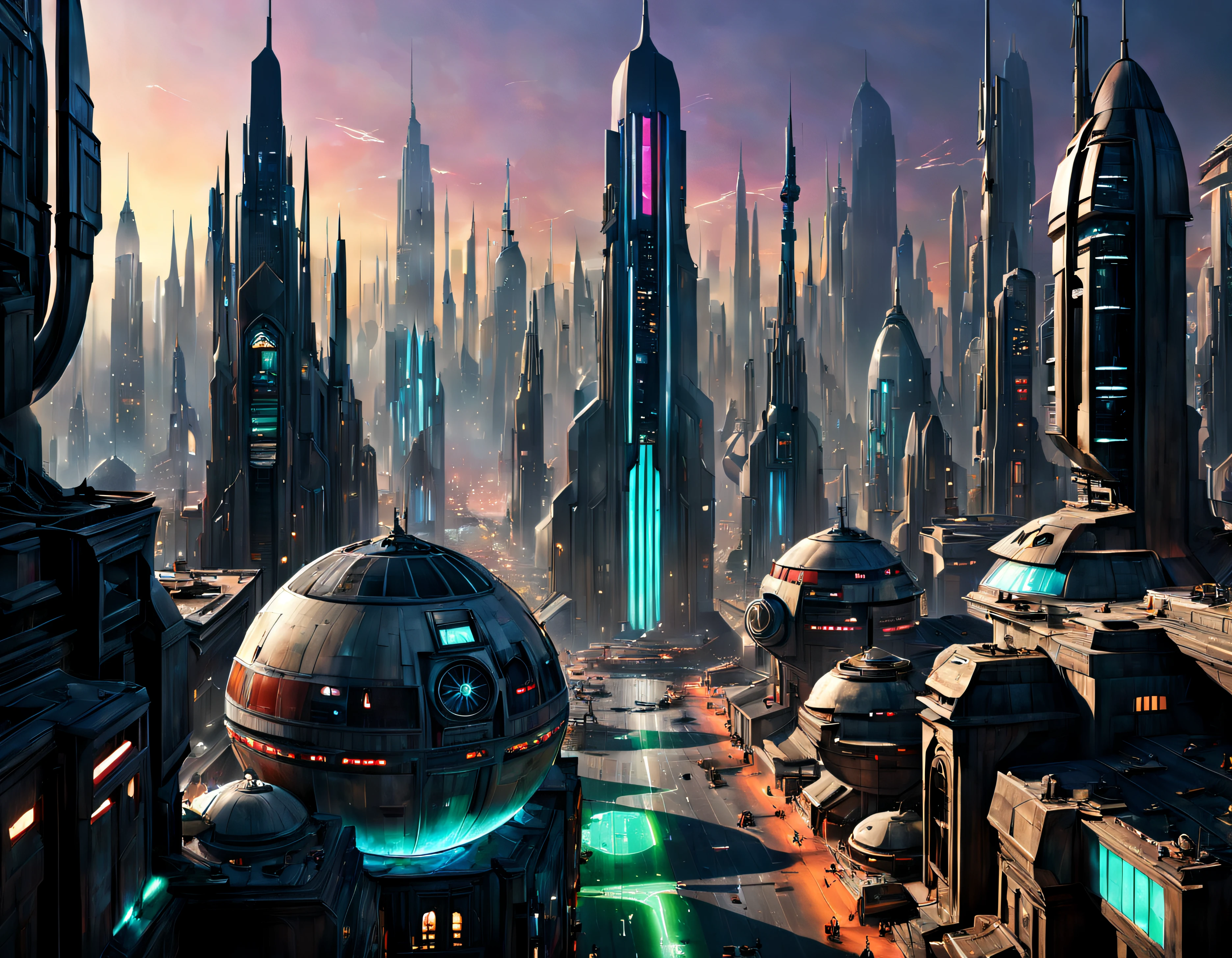 (The city of Coruscant from Star Wars as designed by Doug Chiang), futuristic fantasy city with immense buildings of technological design (que forman una avenida infinita), edificios compactor no difuminados con aspecto metalico,luces en ventanas en edificios, anuncios con luces de neon con diferentes colores en las calles, con estructuras acristaladas espectaculares, (con colores vivos). pavimento ensolado (sin brillo). gente paseando. imagen bien definida con muchos edificios juntos. imagen nitida bien definida 8k. los edificios llegan alta el fondo.,8k. imagen cinematografica