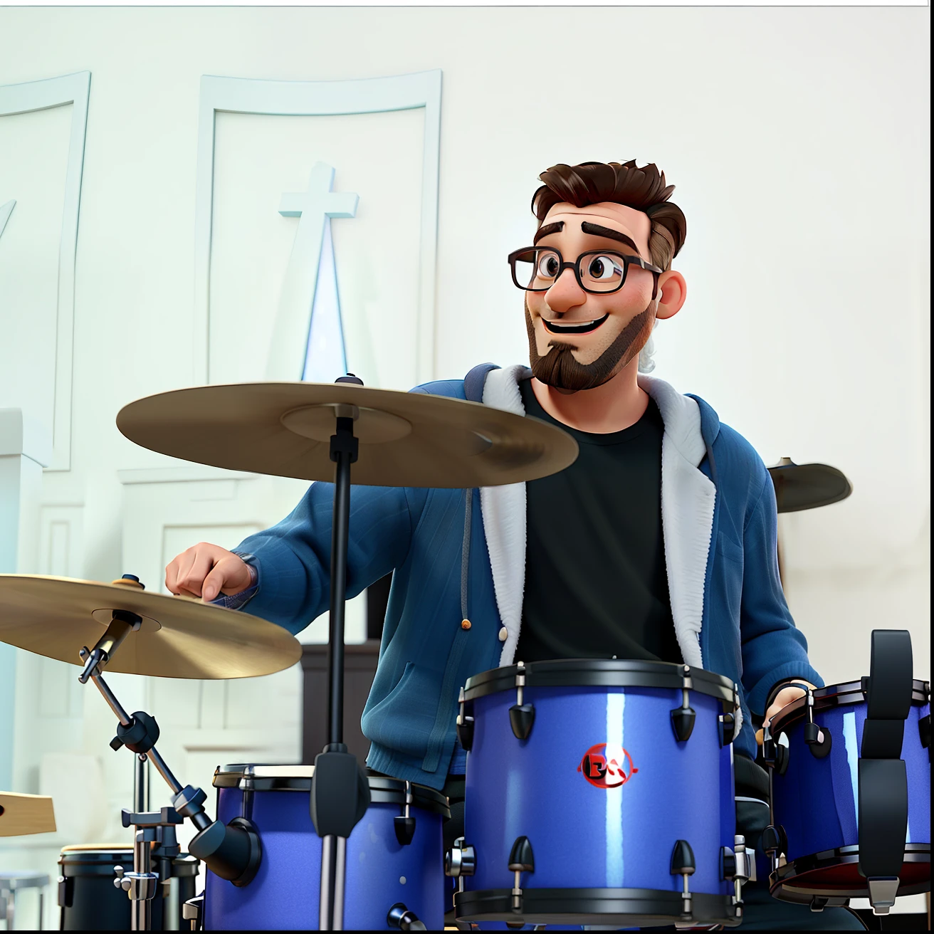 Create a Disney pixar style 3D poster featuring a scene of a man with a beard and glasses playing drums in church