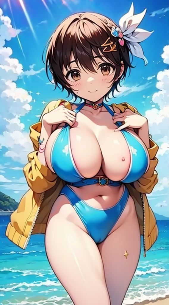 Anime illustration Plump body Beautiful girl in a swimsuit Delicate embroidery Bright sunlight Archaic smile Sparkling eyes、Colossal tits、超A high resolution、Anatomically correct human body、Wearing sweat、Soft thighs、Summer sandy beach、Gal