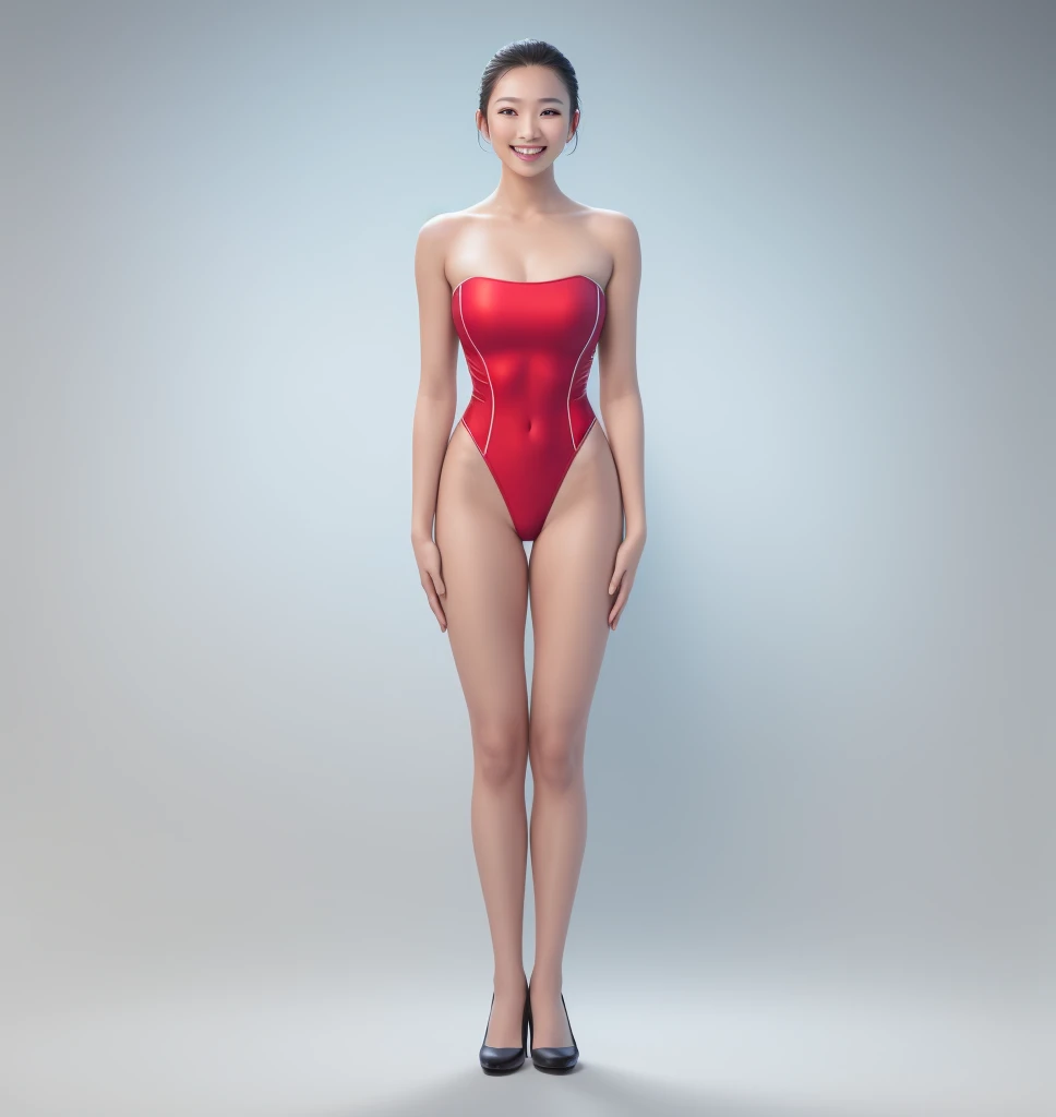 on the white background,a tall and beautiful chinese girl,with fair skin,Toothy smile,Hefty Smile,When you laugh, Your eyes are crescent-shaped,Long, straight hair,Wear a one-piece swimsuit and pumps,Swimsuits are decorated with joyful patterns, standing straight,stand firm,hands on sides,Symmetrical distribution,Ray traching,All shaded areas,No windows, gentlesoftlighting, warm lights,Without sunlight, studio light, 1.4x True-to-life Ultra HD