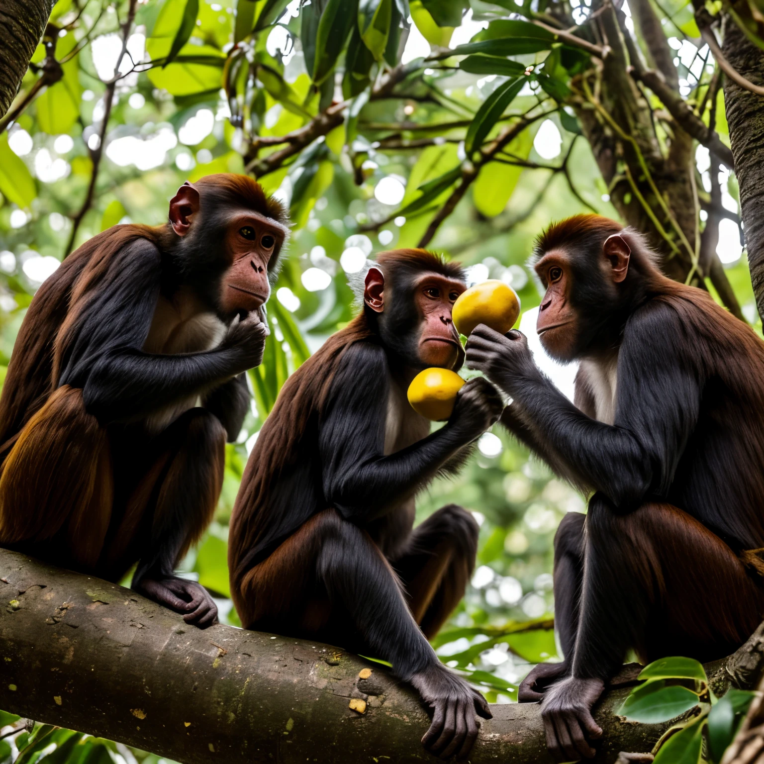 A hyper realistic high definition 8k ultra image of monkeys eating mangoes on a tree in the forest