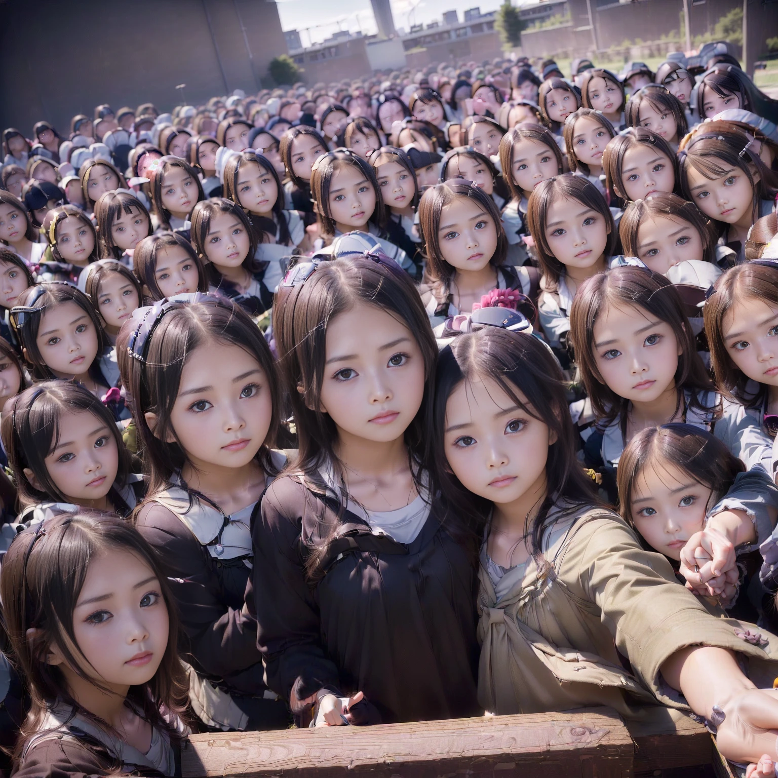 a picture、(((multiple girls))),((((6+girls)))),((((100girls)))),(((1000girls)))、((((100 Girls))))、(((crowd shot))),Women only、The same face、School Uniform、12 years old、Long black hair、100 cute girls、ssmile、Selfie stick、‎Classroom、Raw photo、(((Large group)))、a junior high school student