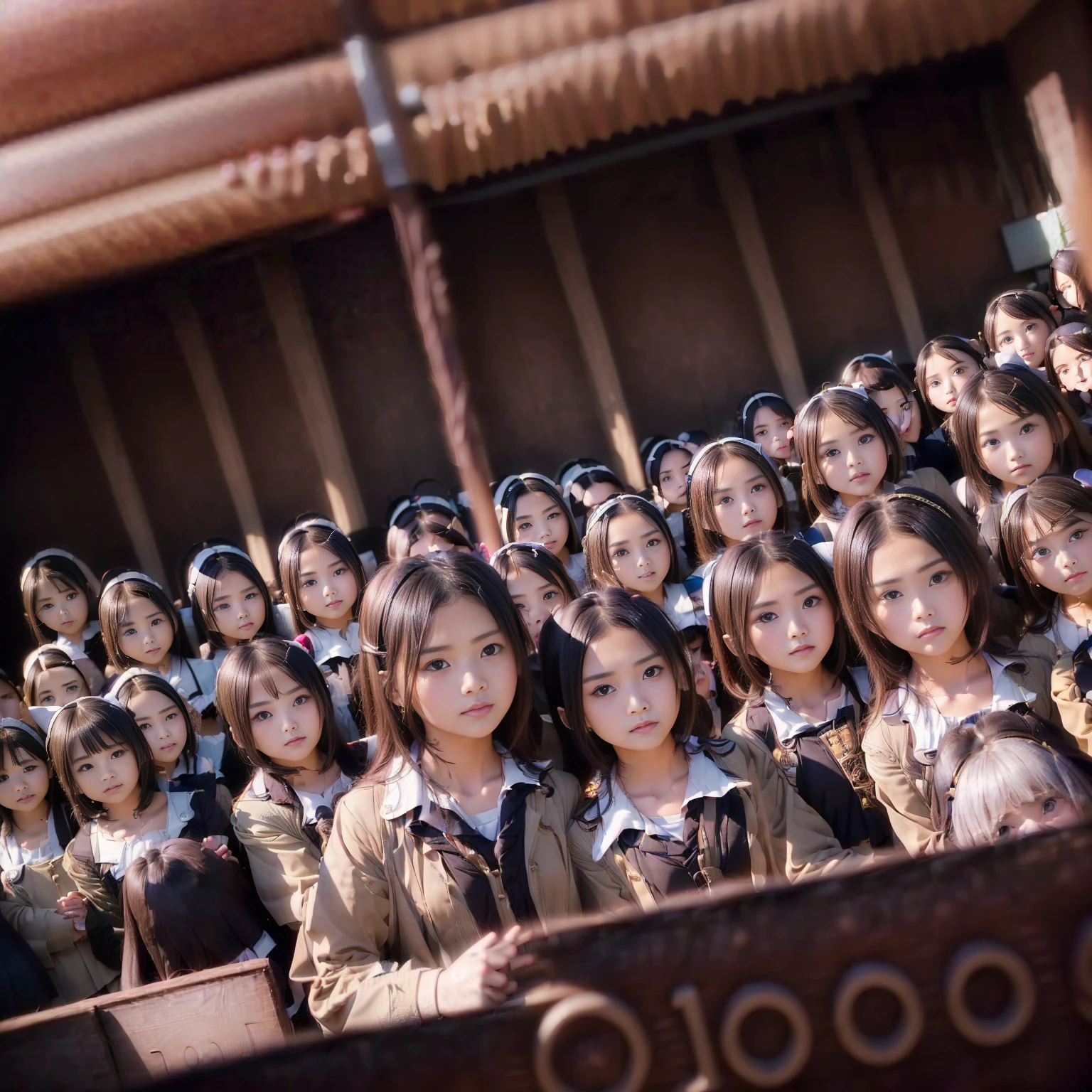 a picture、(((multiple girls))),((((6+girls)))),((((100girls)))),(((1000girls)))、((((100 Girls))))、(((crowd shot))),Women only、The same face、School Uniform、12 years old、Long black hair、100 cute girls、ssmile、Selfie stick、‎Classroom、Raw photo、(((Large group)))、a junior high school student