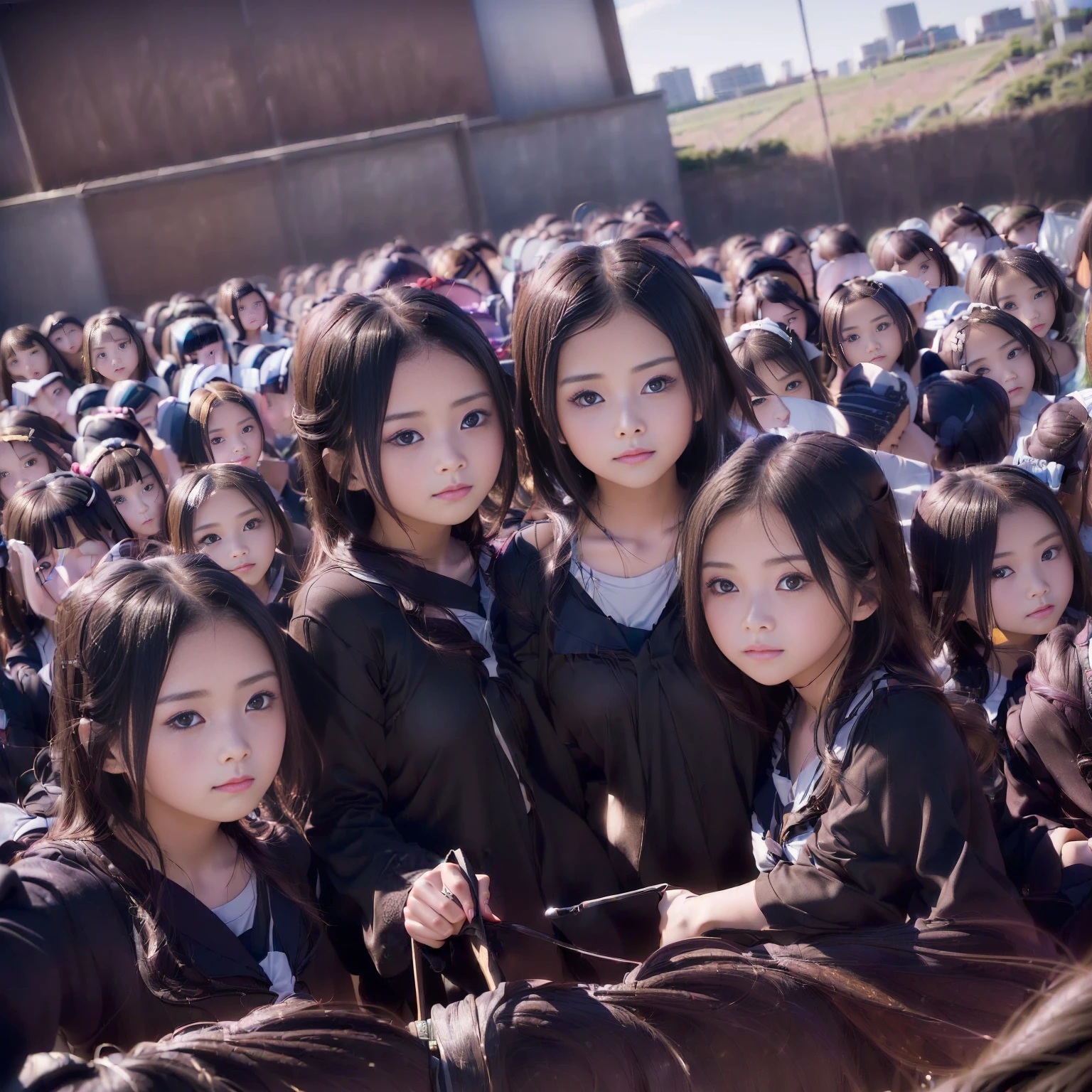 a picture、(((multiple girls))),((((6+girls)))),((((100girls)))),(((1000girls)))、((((100 Girls))))、(((crowd shot))),Women only、The same face、School Uniform、12 years old、Long black hair、100 cute girls、ssmile、Selfie stick、‎Classroom、Raw photo、(((Large group)))、a junior high school student