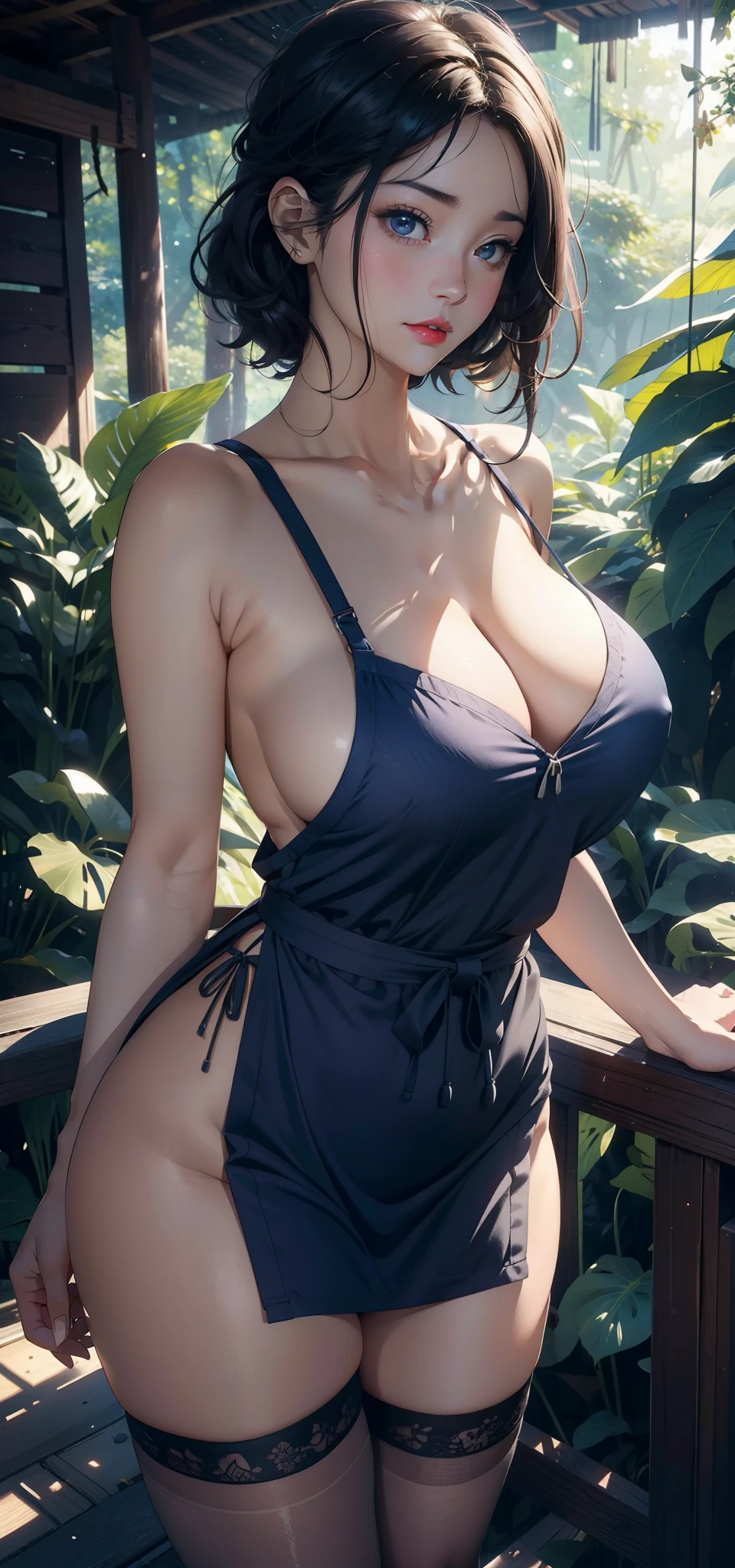 1female，25 age old，Large breasts，long leges，big chest and thin waist，a little bit chubby， photo exposure， 独奏，（Background with：at a forest，the rainforest，in summer） She has short black hair，The stands up，seen from the front， curlies， The sky is mostly cloudy，（（（tmasterpiece），（Very detailed CG unified 8k wallpaper），Best quality，电影灯光，detailed back ground，beautidful eyes，Bright pupils，（very delicate beautiful），（Beautiful and detailed eyes description），ultra - detailed，tmasterpiece，）），facing at the camera，A high resolution，ultra - detailed），Redlip，Expose breasts exposed，Bare genitals， Camel toes，Female secretary（dressed in：Blue see-through shirt，Sexy apron）nakeness，