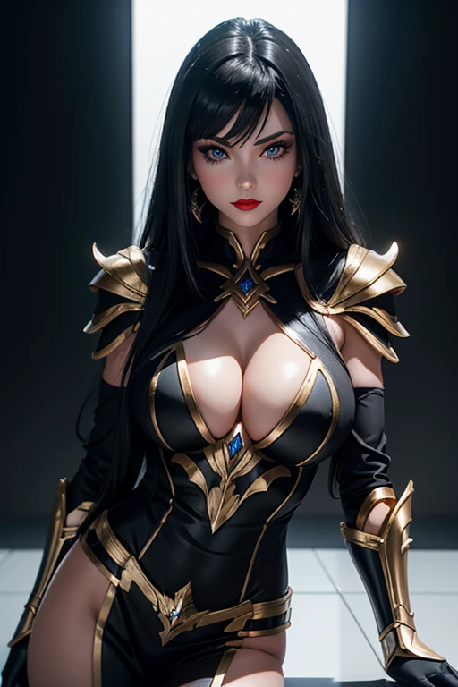 There is an adult European woman in armor , Saint Seiya , Penguin Black and White Cloth, Dark hair, red lips, Eye shadow, natural makeup, long curved hait, beautiful chest, Second Life Avatar, Beautiful screenshot, Second Life, attractive woman, high quality, highly detailed skin, dynamic pose